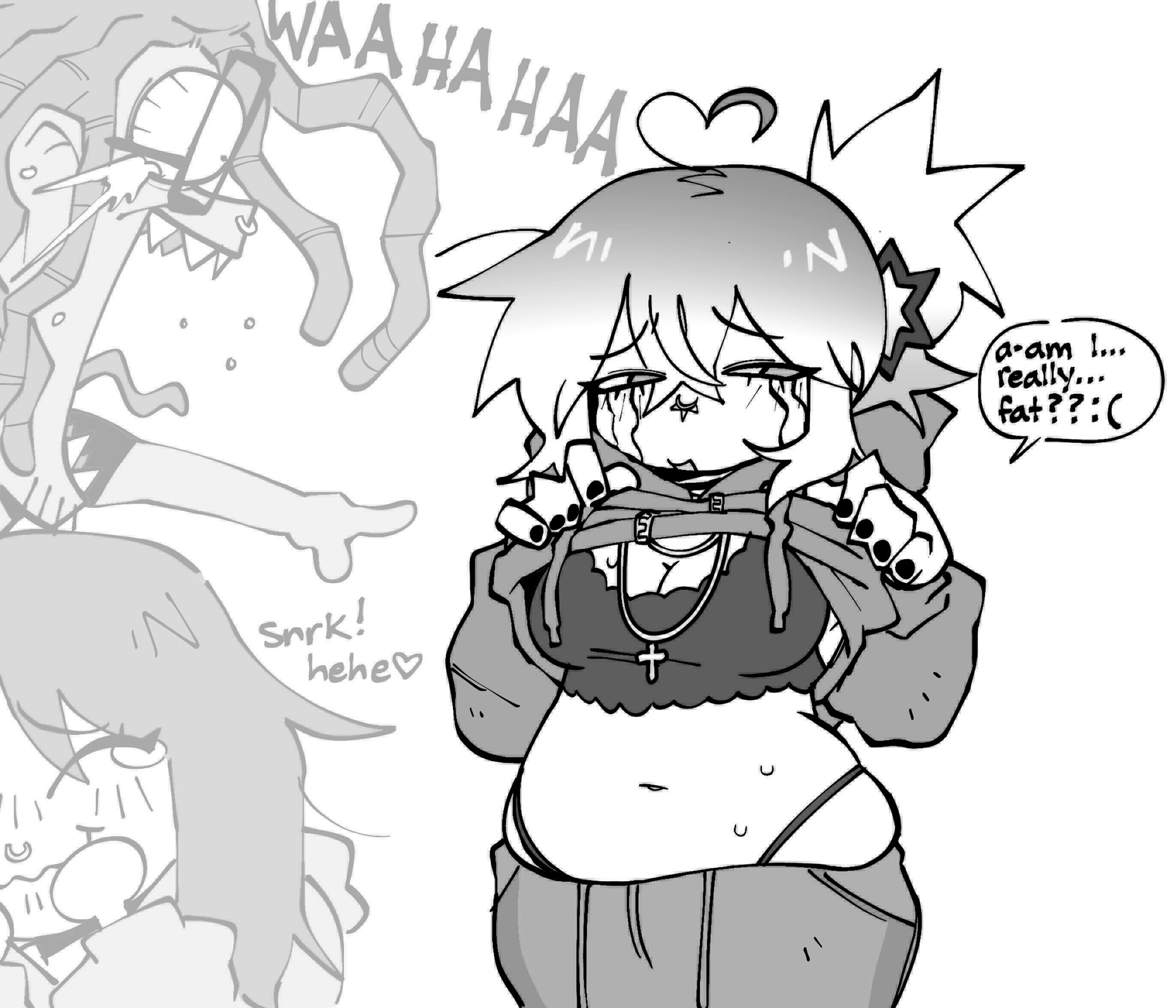 breasts, crying, dark skin, dialogue, female, female focus, glasses, greyscale, homosexual, issbrokie, laughing, male, shteppi, square glasses, ssj daki, text bubble, trans woman, weight conscious