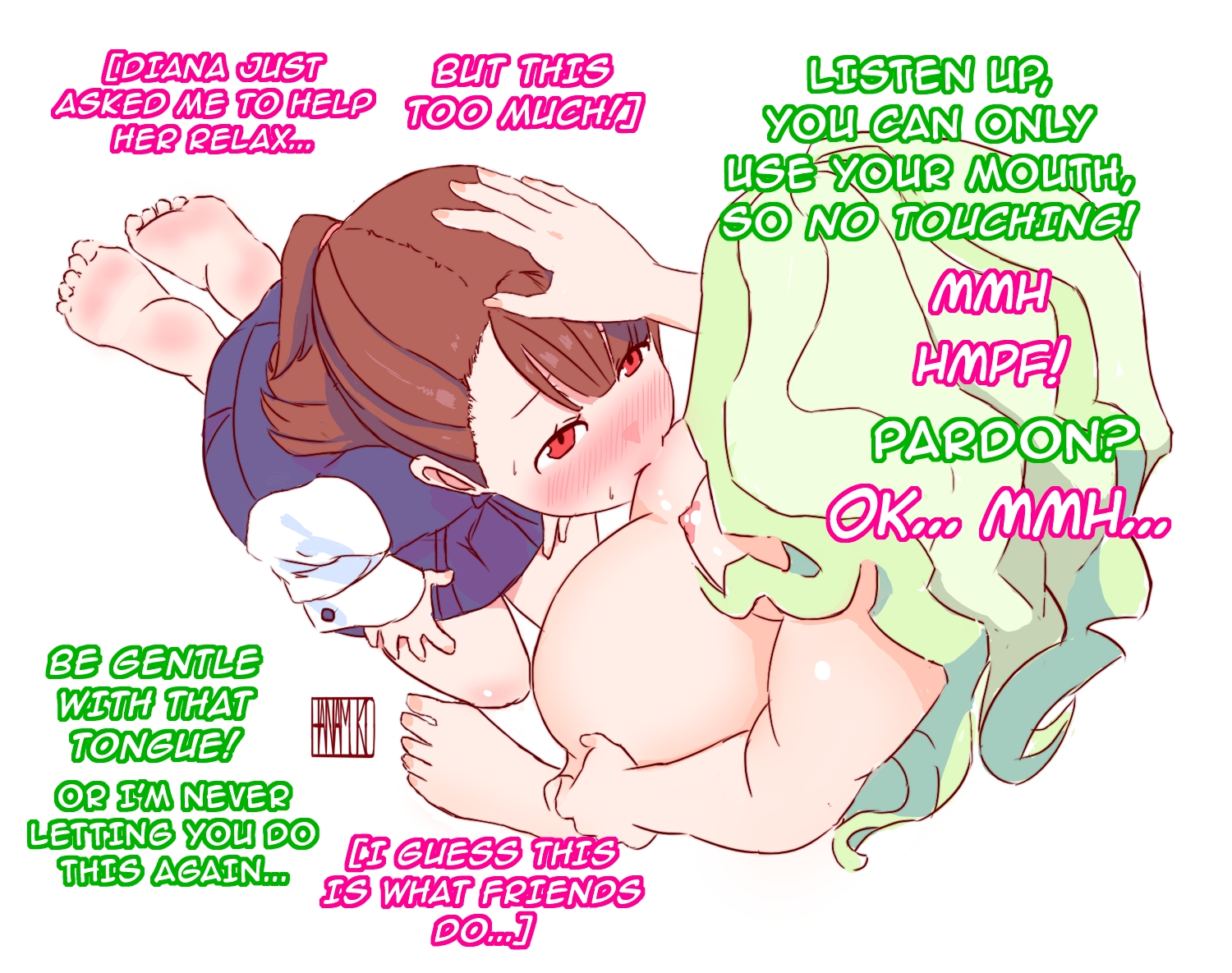 2d, 2d (artwork), 2d artwork, 2girls, alternate version at source, alternate version available, areolae, assertive female, atsuko kagari, bare breasts, bare calves, bare chest, bare hands, bare hips, bare knees, bare legs, bare nipples, bare shoulders, bare soles, bare thighs, bare tits, barefoot, belly, belly button, blush, blush face, blushing at another, blushing at partner, blushing female, blushing lines, breasts, brown eyebrows, brown eyes, brown hair, brown-eyed female, brown-haired female, calves, completely naked, completely naked female, completely nude, completely nude female, cunnilingus, curvaceous, curvaceous body, curvaceous female, curvaceous figure, curvaceous hips, curvaceous teen, curvaceous thighs, curvy, curvy body, curvy female, curvy figure, curvy hips, curvy teen, curvy thighs, dialogue, diana cavendish, digital, digital art, digital drawing, digital drawing (artwork), digital media, digital media (artwork), dominant lesbian, eating pussy, embarrassed, embarrassed expression, embarrassed female, english, english dialogue, english text, exposed arms, exposed breasts, exposed chest, exposed hips, exposed legs, exposed nipples, exposed pussy, exposed shoulders, exposed skin, exposed thighs, exposed tits, exposed toes, feet, female, female focus, female only, fingers, flustered, flustered female, full body, fully naked, fully nude, good girl, green hair, green-haired female, groin, half updo, hanamuko (hana muko), hand on leg, hand on own leg, hand on own thigh, hand on thigh, hands on legs, hands on own legs, hands on own thighs, hands on thighs, high resolution, highres, inguinal crease, inguinal ligament, kneeling oral position, knees, large breasts lesbian, lean figure, legs, legs folded, lesbian domination, lesbian focus, lesbian only, lesbian pleasure, lesbians naked, licking pussy, licking vagina, little witch academia, long hair, looking down, looking down at another, looking down at partner, looking up, looking up at another, looking up at partner, midriff, mons pubis, more at source, multiple females, multiple girls, naked, naked female, naked woman, narrow waist, navel, nipples, nude, nude female, nudity, oral, parted bangs, patting, patting head, petite, petite body, petite breasts, petite female, petite girl, petite tits, pussy, pussy lick, pussy licking, school girls, seiza, shoulders, simple background, sitting, sitting on floor, sitting on ground, sitting on knees, slender body, slender waist, slim waist, small breasts, standing cunnilingus, submissive lesbian, sucking pussy, teen girl, teenage girl, teenage girls, teenage nipples, teenage tits, teenager, teenager on teenager, text, thick thighs, thighs, toes, tongue in pussy, topless, topless female, uncensored, uncensored breasts, uncensored nipples, vagina licking, wavy hair, white background, wide hips, young female, young woman, yuri
