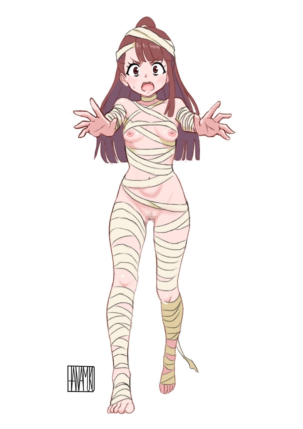1girls, 2d, 2d (artwork), 2d artwork, alternate version at source, alternate version available, areolae, atsuko kagari, bare breasts, bare hands, bare hips, bare navel, bare nipples, bare pussy, bare shoulders, bare skin, bare tits, belly, belly button, blush, blush face, blushing at viewer, blushing female, breasts, breasts apart, brown eyebrows, brown eyes, brown hair, brown-eyed female, brown-haired female, calves, collarbone, curvaceous, curvaceous body, curvaceous female, curvaceous figure, curvaceous hips, curvaceous teen, curvy, curvy body, curvy female, curvy figure, curvy hips, curvy teen, digital, digital art, digital drawing, digital drawing (artwork), digital media, digital media (artwork), exposed breasts, exposed hips, exposed navel, exposed nipples, exposed pussy, exposed shoulders, exposed skin, exposed tits, feet, female, female focus, female only, fingers, frown, frown eyebrows, frowning, frowning at viewer, full body, groin, half naked, half nude, hanamuko (hana muko), high resolution, highres, inguinal crease, inguinal ligament, knees, lean figure, legs, little witch academia, long hair, looking at viewer, midriff, more at source, naked, naked female, naked woman, narrow waist, navel, nipples, nude, nude female, nudity, open mouth, parted bangs, parted lips, pear-shaped figure, petite, petite body, petite breasts, petite female, petite girl, petite tits, ponytail, pussy, semi nude, shoulders, simple background, slender body, slender waist, slim waist, small breasts, solo, standing, teen girl, teenage girl, teenage nipples, teenage pussy, teenage tits, teenager, thigh gap, thighs, toes, tongue, uncensored breasts, uncensored nipples, upper teeth, white background, wide hips, young female, young woman