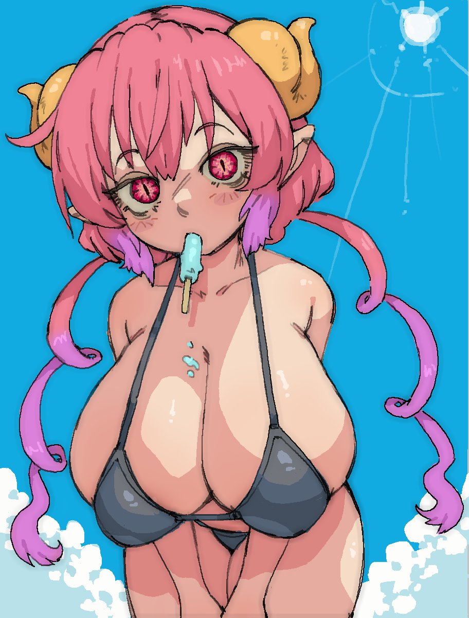 bikini, black bikini, blush, breasts, cleavage, dragon girl, dragon horns, drill hair, female, food, food in mouth, gradient hair, hands on own thighs, horns, huge breasts, ilulu (maidragon), kobayashi-san chi no maidragon, leaning forward, lens flare, low twintails, melting popsicle, multicolored hair, outdoors, pantsu-ripper, pointy ears, popsicle, popsicle in mouth, purple hair, red eyes, red hair, sky, slit pupils, solo, standing, sun, swimsuit, twin drills, twintails