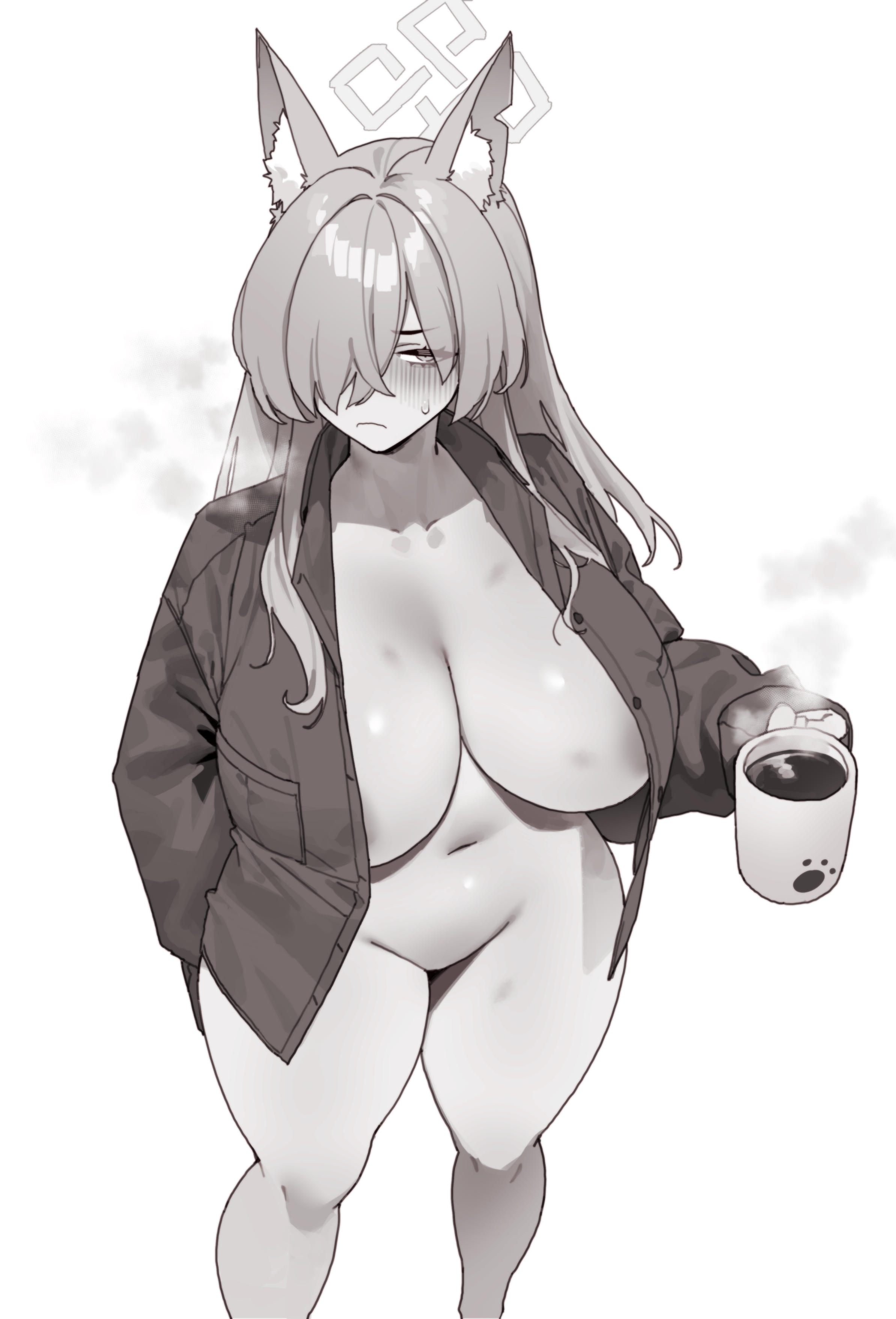 animal ears, blue archive, cleavage, convenient censoring, cup, dog girl, female, huge breasts, jacket only, kanna (blue archive), mimyo, open clothes