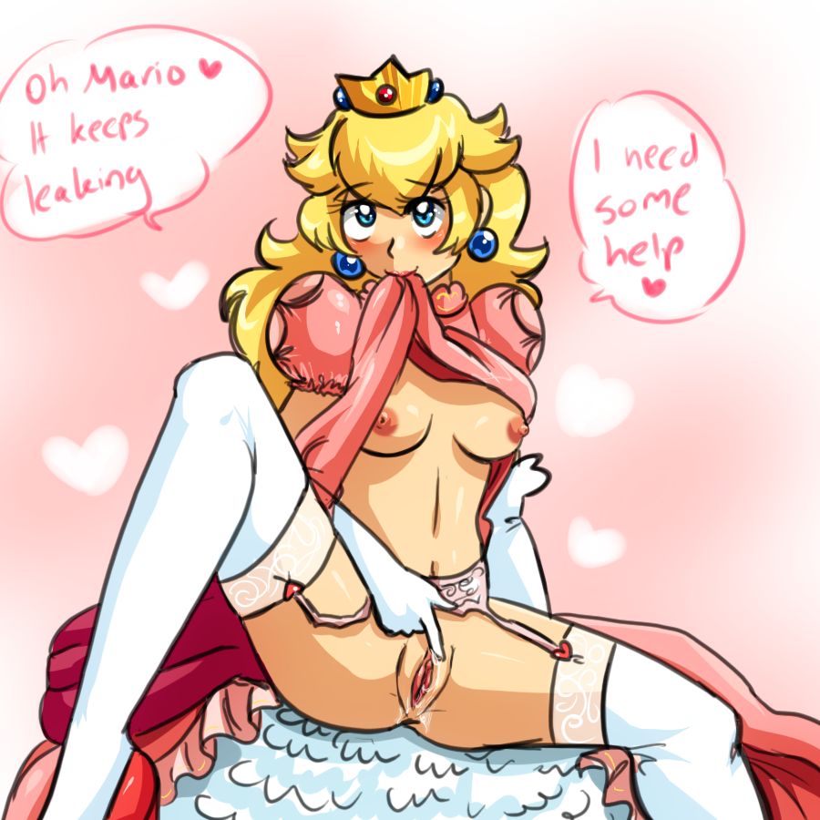 blonde_hair blue_eyes blush breasts crown dress dress_lift elbow_gloves english female gloves long_hair mario_(series) mouth_hold nintendo nipples no_bra no_panties pineapplelicious princess_peach pussy pussy_juice solo spread_legs thighhighs white_legwear