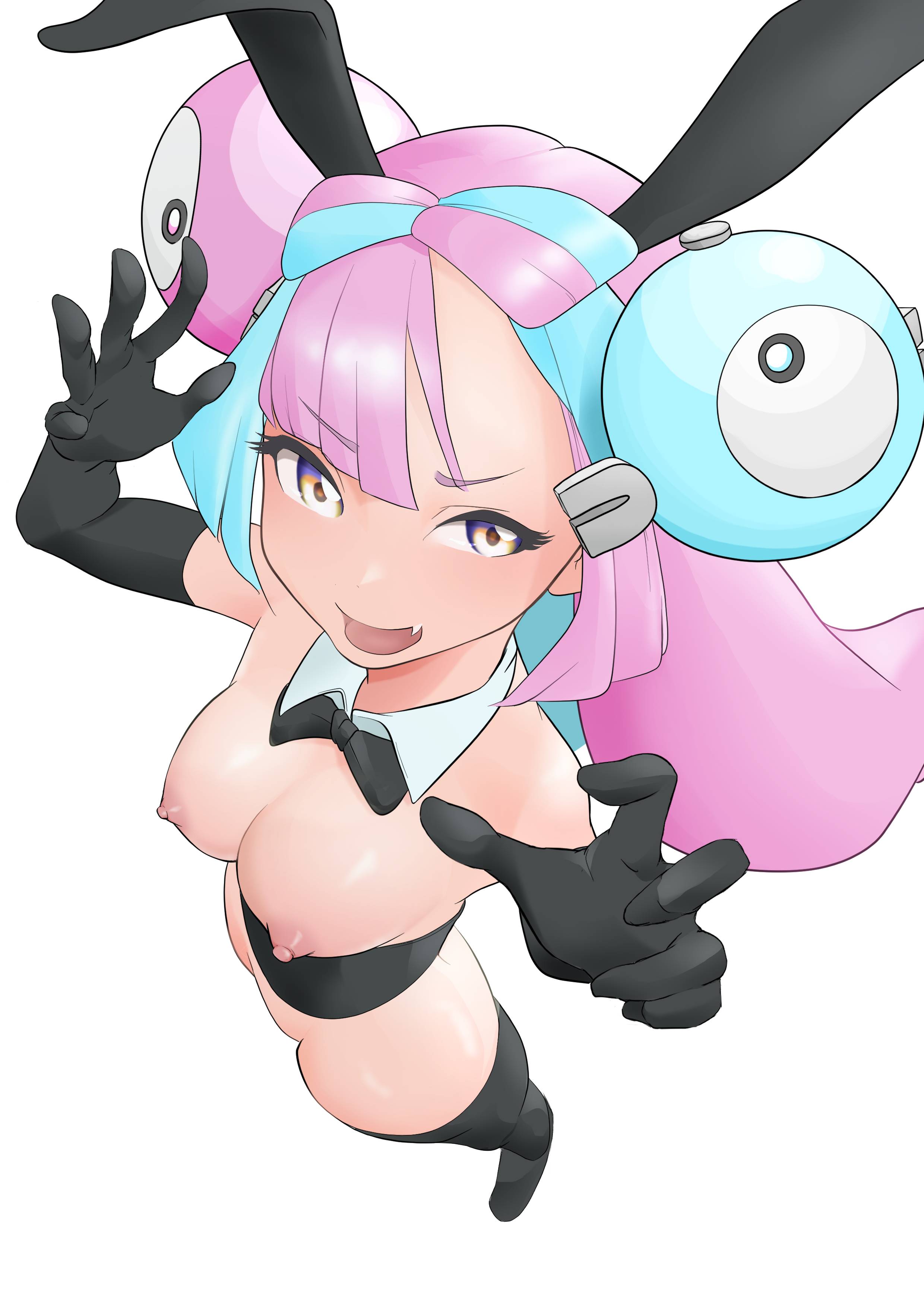 1girls, 2d, 2d (artwork), 2d artwork, areolae, bare breasts, bare chest, bare hips, bare nipples, bare shoulders, bare skin, bare thighs, bare tits, black bowtie, black bunny ears, black bunnysuit, black elbow gloves, black gloves, black legwear, black leotard, black long gloves, black stockings, black thigh highs, black thighhighs, black topwear, blue hair, blue-haired female, bowtie, breasts, brown eyes, brown-eyed female, bunny ears, bunnygirl, bunnygirl outfit, bunnysuit, calves, collar, curvaceous, curvaceous body, curvaceous female, curvaceous figure, curvaceous hips, curvaceous thighs, curvy, curvy body, curvy female, curvy figure, curvy hips, curvy thighs, digital, digital art, digital drawing, digital drawing (artwork), digital media, digital media (artwork), elbow gloves, exposed breasts, exposed chest, exposed hips, exposed nipples, exposed shoulders, exposed skin, exposed thighs, exposed tits, eyebrows visible through hair, feet, female, female focus, female only, fingers, from above, full body, gloves, groin, hair ornament, hair ornaments, high resolution, highres, iono (pokemon), lean figure, legs, legwear, leotard, long gloves, long hair, looking at viewer, looking up, looking up at viewer, medium breasts, multicolored hair, narrow waist, nipples, open mouth, open mouth smile, parted bangs, parted lips, petite, petite body, petite breasts, petite female, petite girl, petite tits, pink eyebrows, pink hair, pink hair female, pink-haired female, pixiv id 74411726, pokemon, shoulders, simple background, slender body, slender waist, slim waist, smile, smiley face, smiling, smiling at viewer, solo, standing, stockings, thick thighs, thigh highs, thighhighs, thighs, tongue, topwear, uncensored, uncensored breasts, uncensored nipples, very long hair, very long hair female, white background, white collar