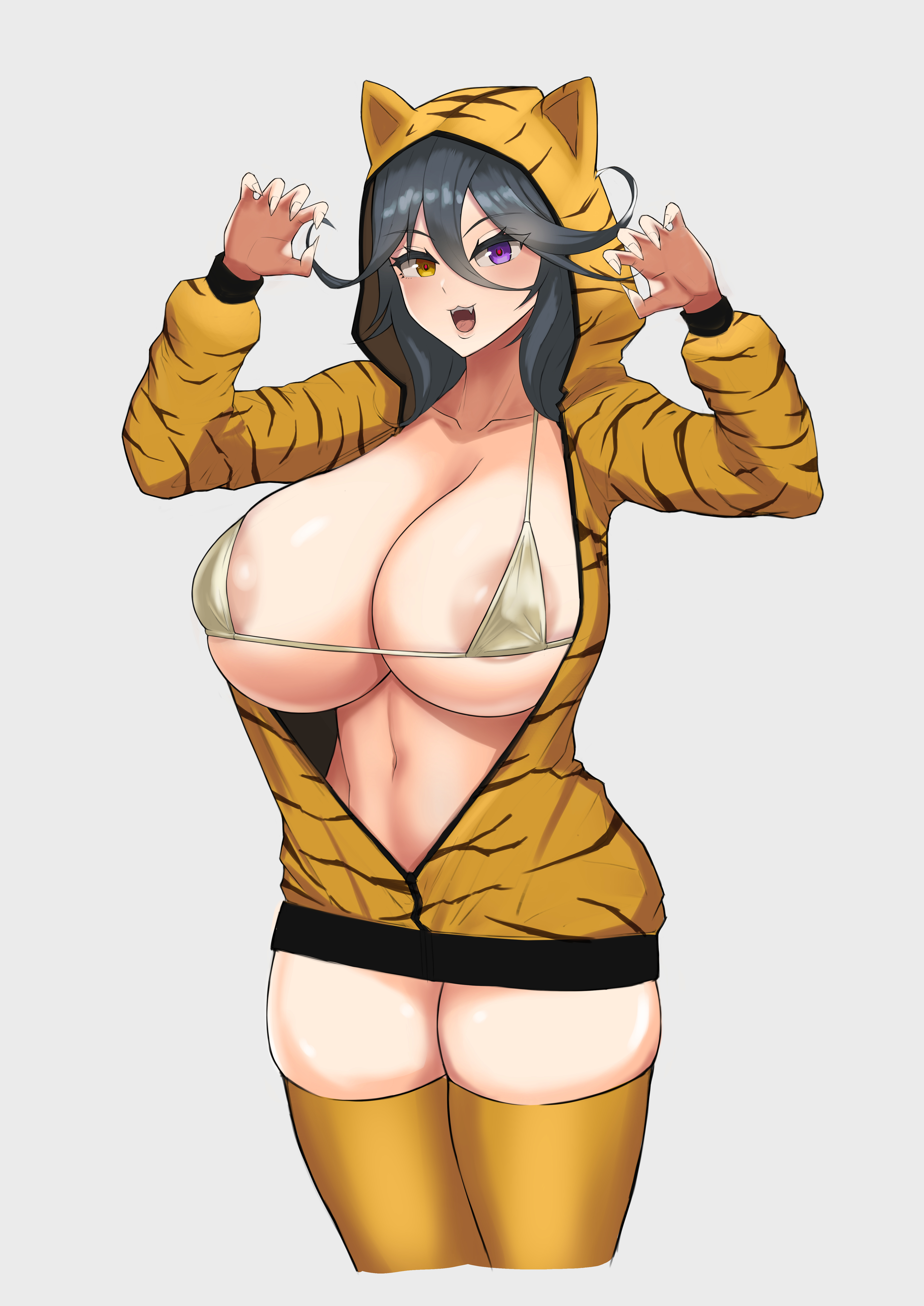 1girls, 2022, areola, areola slip, belly, bikini, bikini top, breasts, collarbone, female, female focus, female only, heterochromia, last origin, legwear, lipwe, navel, poi (last origin), purple eye, simple background, solo, solo female, thighs, white background, yellow eye, yellow legwear