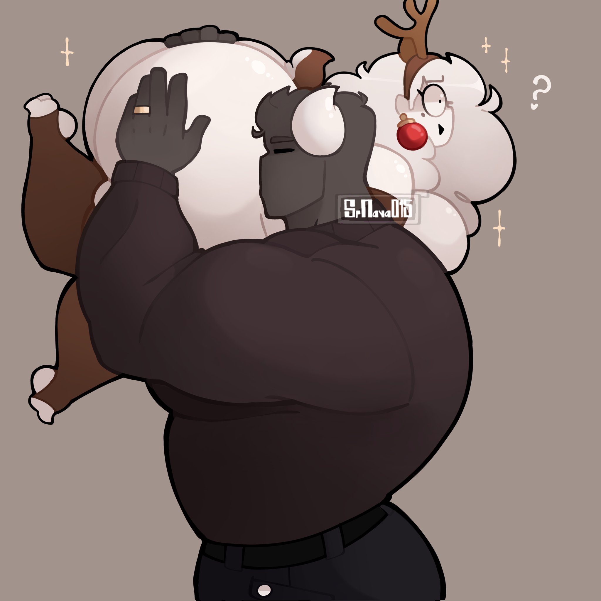 1boy, 1girls, antlers, bbw, bbw mom, big ass, carrying, carrying partner, christmas, christmas outfit, chubby, chubby female, couple, curvy, curvy female, deer antlers, fat ass, female, hand on ass, horns, huge ass, husband, husband and wife, implied sex, kay (srnava), milf, muscular male, shocked, shocked expression, srnava, stockings, thick thighs, voluptuous, voluptuous female, wedding ring, wife