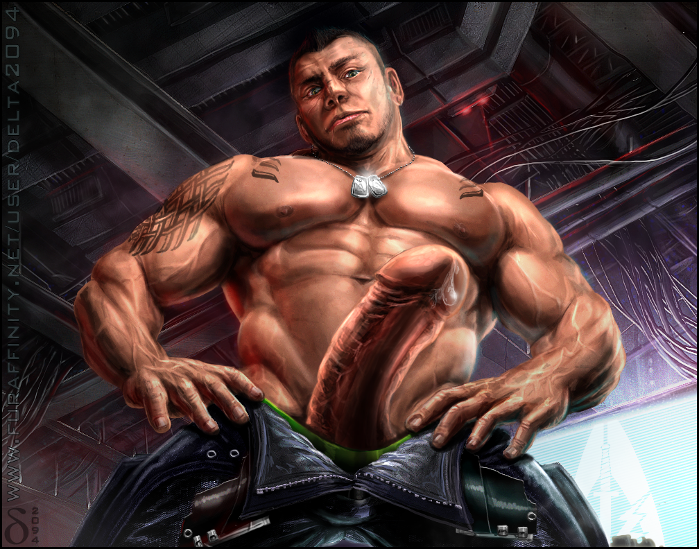 1boy bara clothed delta2094 erect_penis erection from_below james_vega male male_only mass_effect muscular penis pov precum submissive_pov tagme