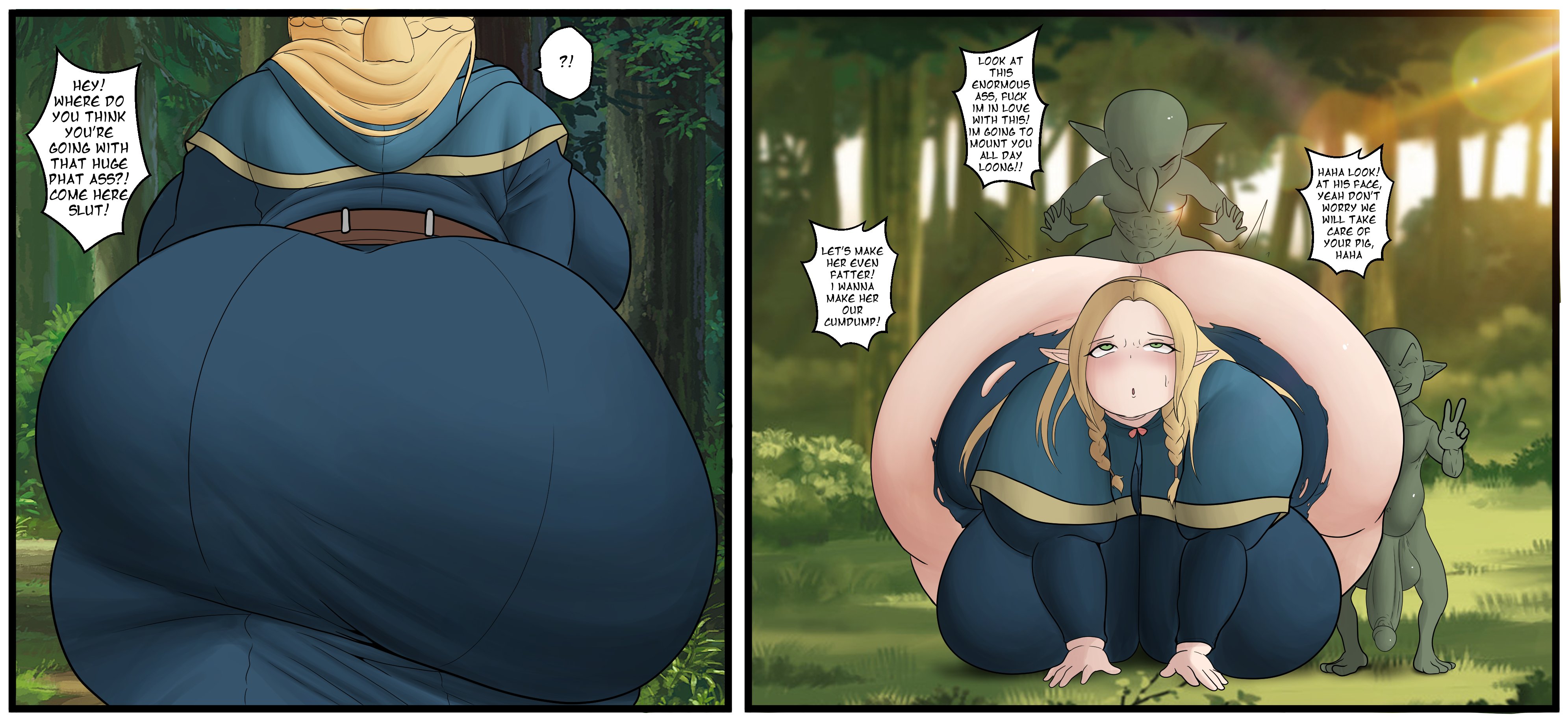 1girls, ass, ass body, back view, bbw, big ass, big butt, chubby, chubby female, comic, dialogue, dungeon meshi, elf, elf ears, elf female, elf girl, fat, fat ass, fat butt, female, front facing with ass, goblin, huge ass, huge breasts, huge cock, large ass, large butt, marcille donato, massive ass, massive butt, obese, obese female, overweight, overweight female, sex, text, vanjun, weight gain