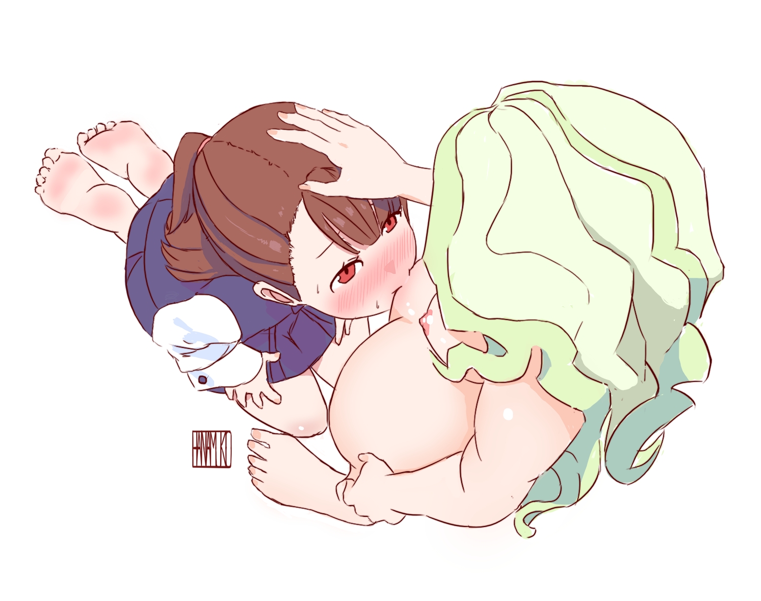 2d, 2d (artwork), 2d artwork, 2girls, alternate version at source, alternate version available, areolae, assertive female, atsuko kagari, bare breasts, bare calves, bare chest, bare hands, bare hips, bare knees, bare legs, bare nipples, bare shoulders, bare soles, bare thighs, bare tits, barefoot, belly, belly button, blush, blush face, blushing at another, blushing at partner, blushing female, blushing lines, breasts, brown eyebrows, brown eyes, brown hair, brown-eyed female, brown-haired female, calves, completely naked, completely naked female, completely nude, completely nude female, cunnilingus, curvaceous, curvaceous body, curvaceous female, curvaceous figure, curvaceous hips, curvaceous teen, curvaceous thighs, curvy, curvy body, curvy female, curvy figure, curvy hips, curvy teen, curvy thighs, diana cavendish, digital, digital art, digital drawing, digital drawing (artwork), digital media, digital media (artwork), dominant lesbian, eating pussy, embarrassed, embarrassed expression, embarrassed female, exposed arms, exposed breasts, exposed chest, exposed hips, exposed legs, exposed nipples, exposed pussy, exposed shoulders, exposed skin, exposed thighs, exposed tits, exposed toes, feet, female, female focus, female only, fingers, flustered, flustered female, full body, fully naked, fully nude, green hair, green-haired female, groin, half updo, hanamuko (hana muko), hand on leg, hand on own leg, hand on own thigh, hand on thigh, hands on legs, hands on own legs, hands on own thighs, hands on thighs, high resolution, highres, inguinal crease, inguinal ligament, kneeling oral position, knees, large breasts lesbian, lean figure, legs, legs folded, lesbian domination, lesbian focus, lesbian only, lesbian pleasure, lesbians naked, licking pussy, licking vagina, little witch academia, long hair, looking down, looking down at another, looking down at partner, looking up, looking up at another, looking up at partner, midriff, mons pubis, more at source, multiple females, multiple girls, naked, naked female, naked woman, narrow waist, navel, nipples, nude, nude female, nudity, oral, parted bangs, patting, patting head, petite, petite body, petite breasts, petite female, petite girl, petite tits, pussy, pussy lick, pussy licking, school girls, seiza, shoulders, simple background, sitting, sitting on floor, sitting on ground, sitting on knees, slender body, slender waist, slim waist, small breasts, standing cunnilingus, submissive lesbian, sucking pussy, teen girl, teenage girl, teenage girls, teenage nipples, teenage tits, teenager, teenager on teenager, thick thighs, thighs, toes, tongue in pussy, topless, topless female, uncensored, uncensored breasts, uncensored nipples, vagina licking, wavy hair, white background, wide hips, young female, young woman, yuri