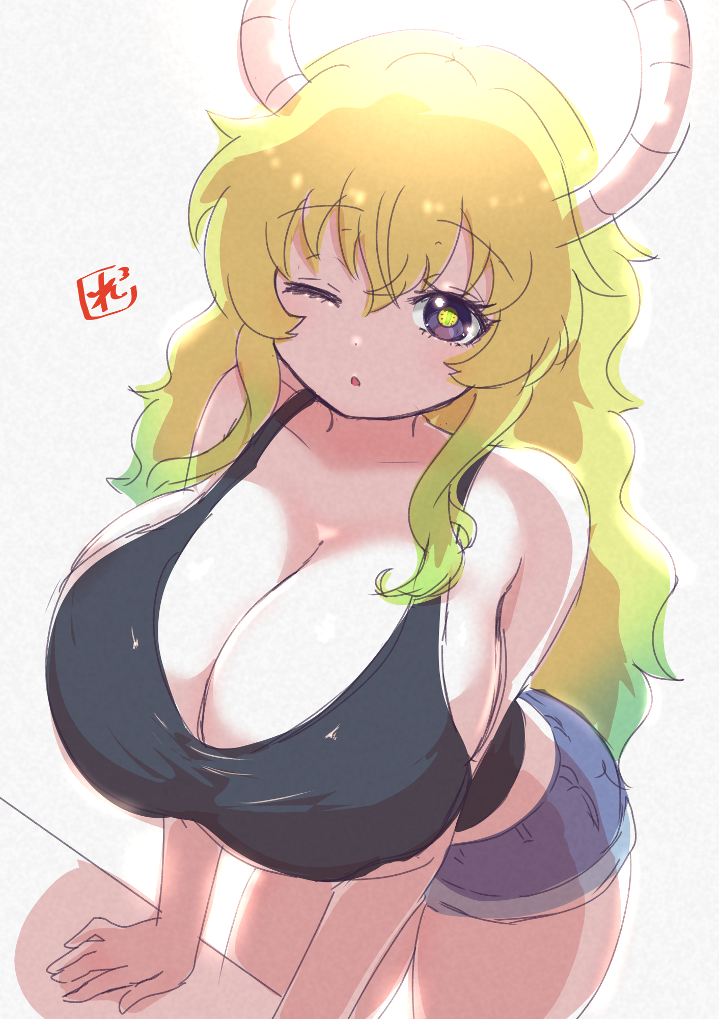 arm support, black tank top, blonde hair, blue shorts, breasts, cleavage, denim, denim shorts, dragon girl, dragon horns, female, gradient hair, green hair, horns, huge breasts, kobayashi-san chi no maidragon, leaning forward, leaning on object, long hair, lucoa (maidragon), multicolored hair, one eye closed, open mouth, purple eyes, reiwa rerere, short shorts, shorts, sidelocks, solo, standing, tank top, white background, wink, yellow pupils