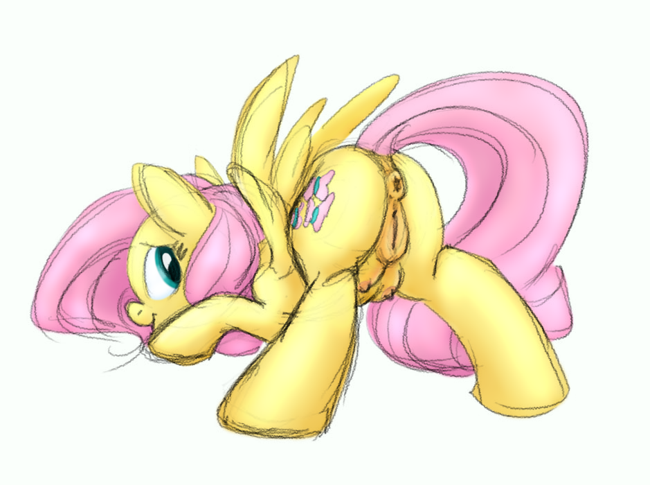 anus ass_up carnifex crotchboobs fluttershy_(mlp) friendship_is_magic looking_back my_little_pony nude_female pegasus pink_hair simple_background small_breasts solo_female tail vagina white_background