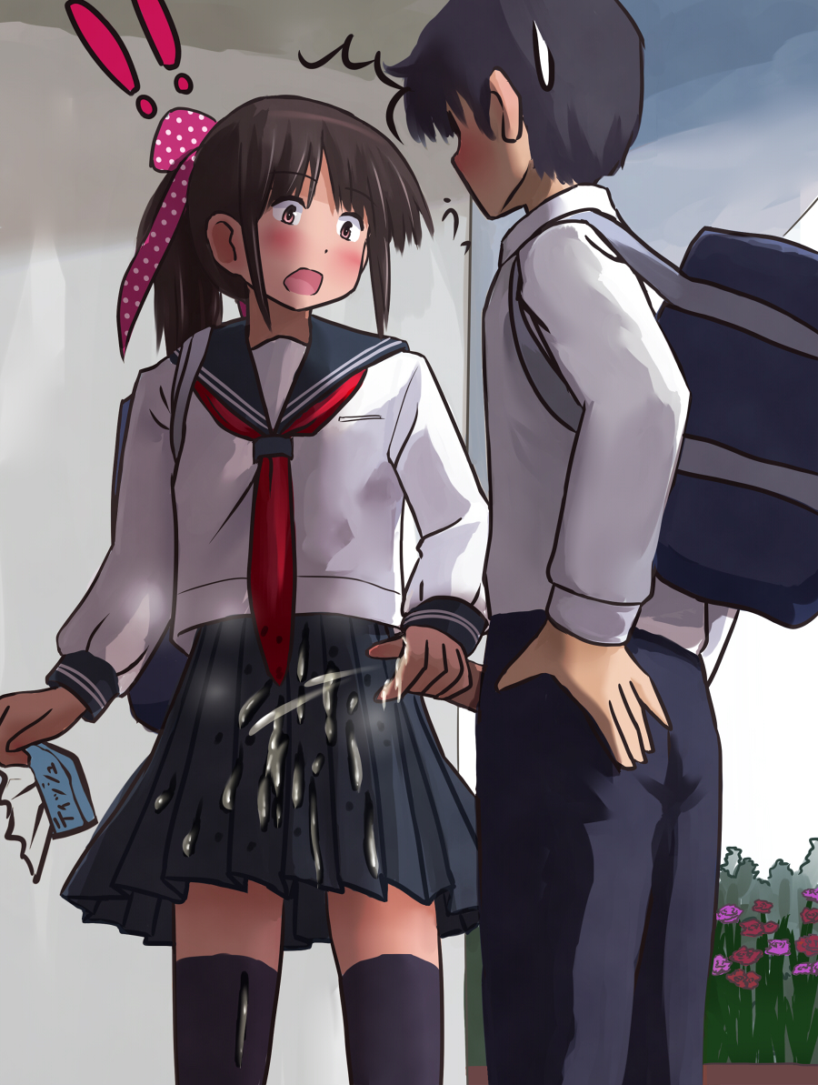 backpack black_hair blush brown_hair cum cum_on_clothes cumshot ejaculation female g_yukishiro handjob male seifuku straight surprised sweat sweatdrop