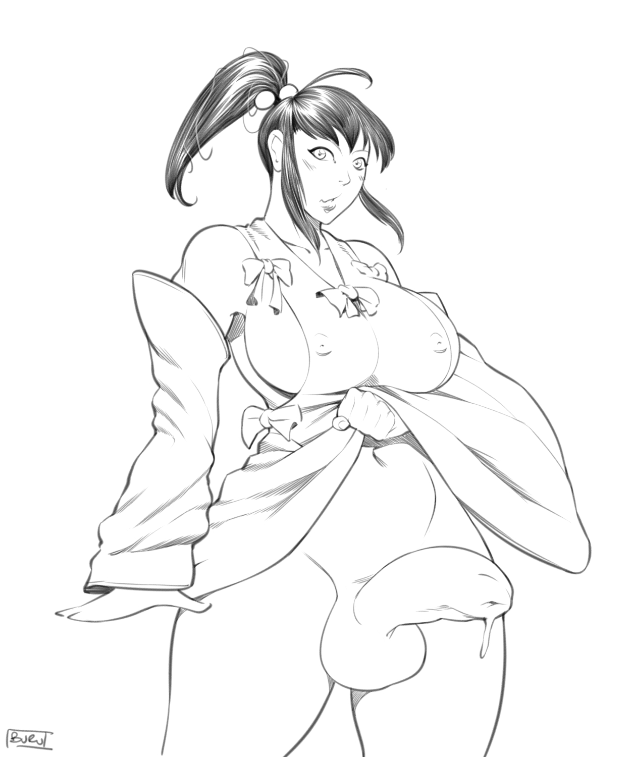 balls, breasts, burustandin, dickgirl, futa only, futanari, intersex, monochrome, penis, shrine maiden