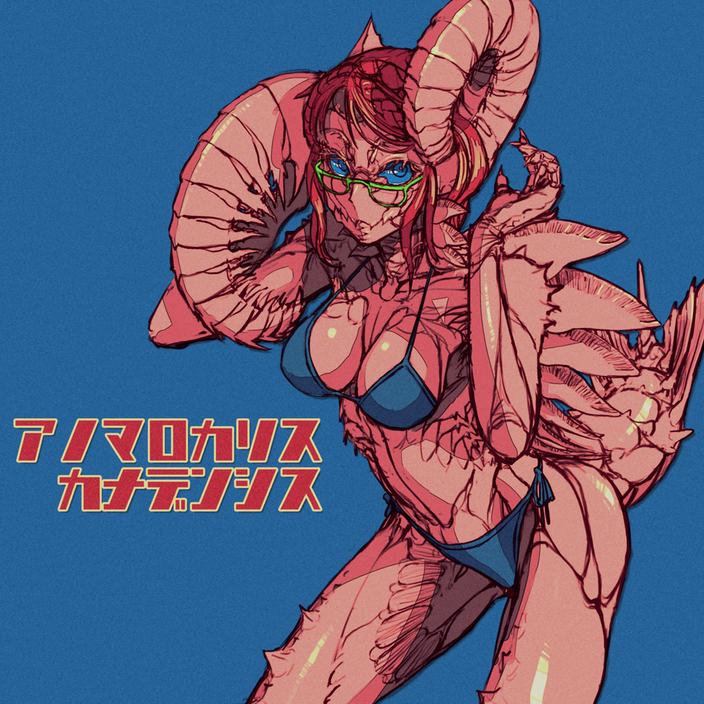 1girls anomalocaris arthropod arthropod_humanoid bikini blue_bikini blue_eyes glasses green-framed_eyewear humine_(artist) mandibles monster_girl tagme tagme_(artist) two_tone_hair