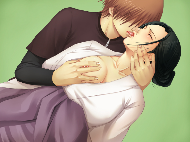 1boy 1girls 2012 big_breasts black_hair blush breast_hold breasts brown_hair circle_hitori closed_eyes clothing duo female kissing male maria-sama_ga_miteru simple_background tongue tongue_kiss youko_mizuno