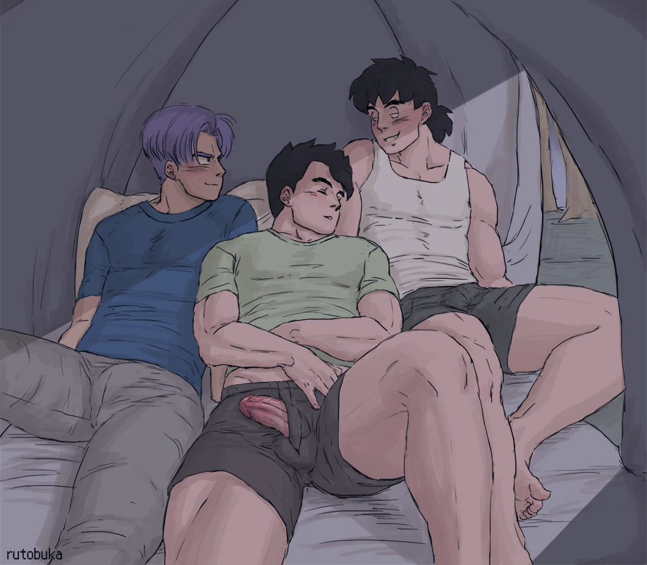 3boys black_hair clothes color dragon_ball dragon_ball_z front_view hair indoors lying male male_only multiple_males naughty_face on_back penis poking_out purple_hair rutobuka sleeping son_gohan son_goten tent trunks_briefs yaoi