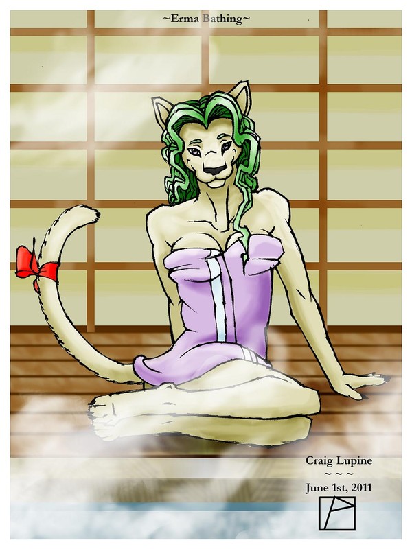 1girls 2011 anthro anthro_only blonde_hair craig_lupine elma_(tenchi_muyo!) feline female female_only fur furry long_hair mammal no_humans solo tail tenchi_muyo! tenchi_muyo!_gxp towel towel_only