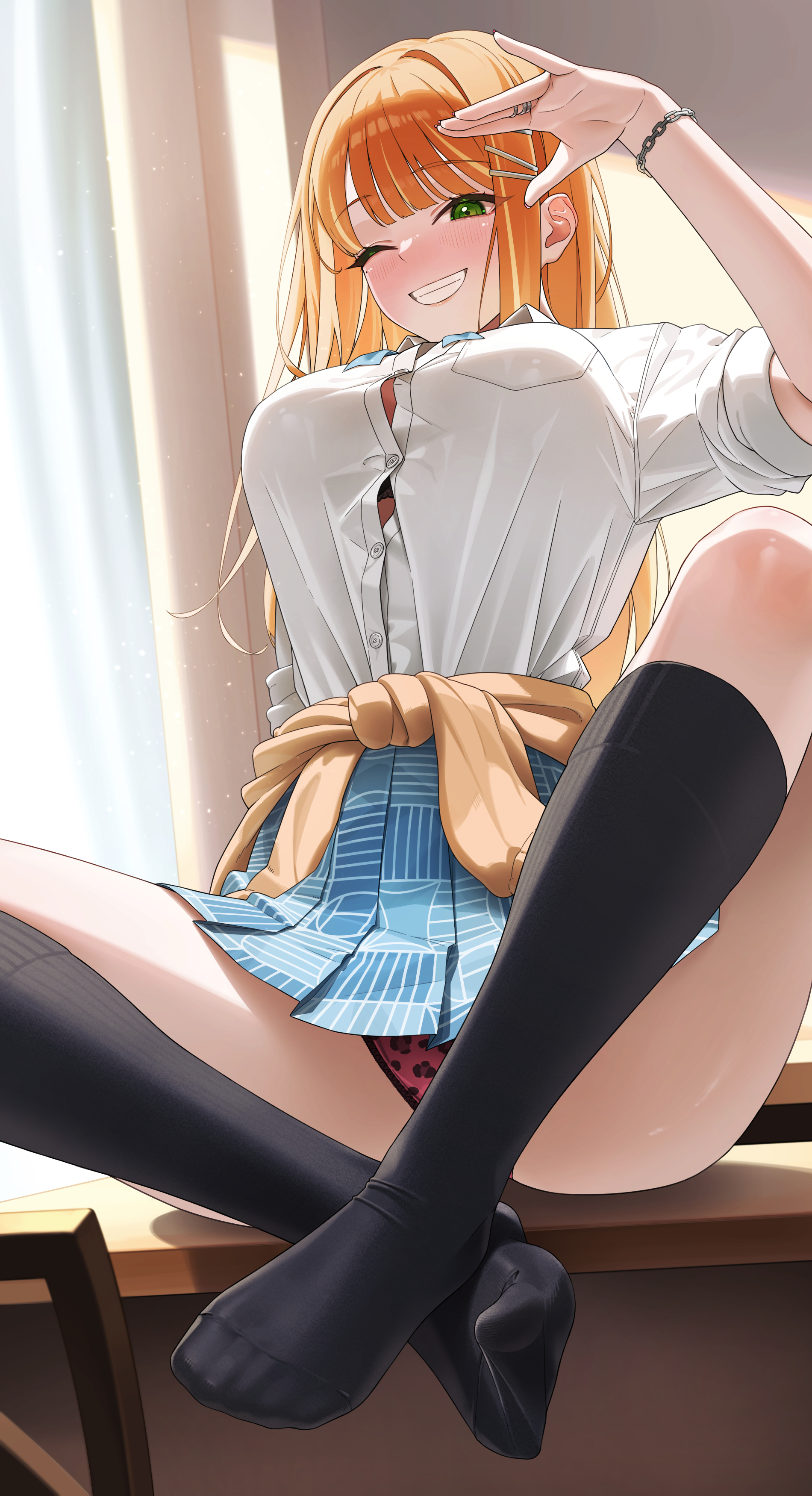 1girls, absurdres, animal print, black bra, black socks, blue skirt, blush, bra, bra peek, bracelet, breasts, brown cardigan, button gap, cardigan, cardigan around waist, clothes around waist, feet, female, gakuen idolmaster, grin, gyaru, hair intakes, hair ornament, hand up, hatsuboshi gakuen school uniform, hear (kpmf4732), high-waist skirt, highres, idolmaster, indoors, jewelry, kneehighs, kogal, large breasts, leopard print, leopard print panties, long hair, looking at viewer, mole, mole under eye, on table, one eye closed, orange hair, panties, pantyshot, pink panties, print panties, school uniform, shirt tucked in, shiun sumika, sitting, skirt, sleeves rolled up, smile, socks, soles, solo, straight hair, table, textless version, underwear