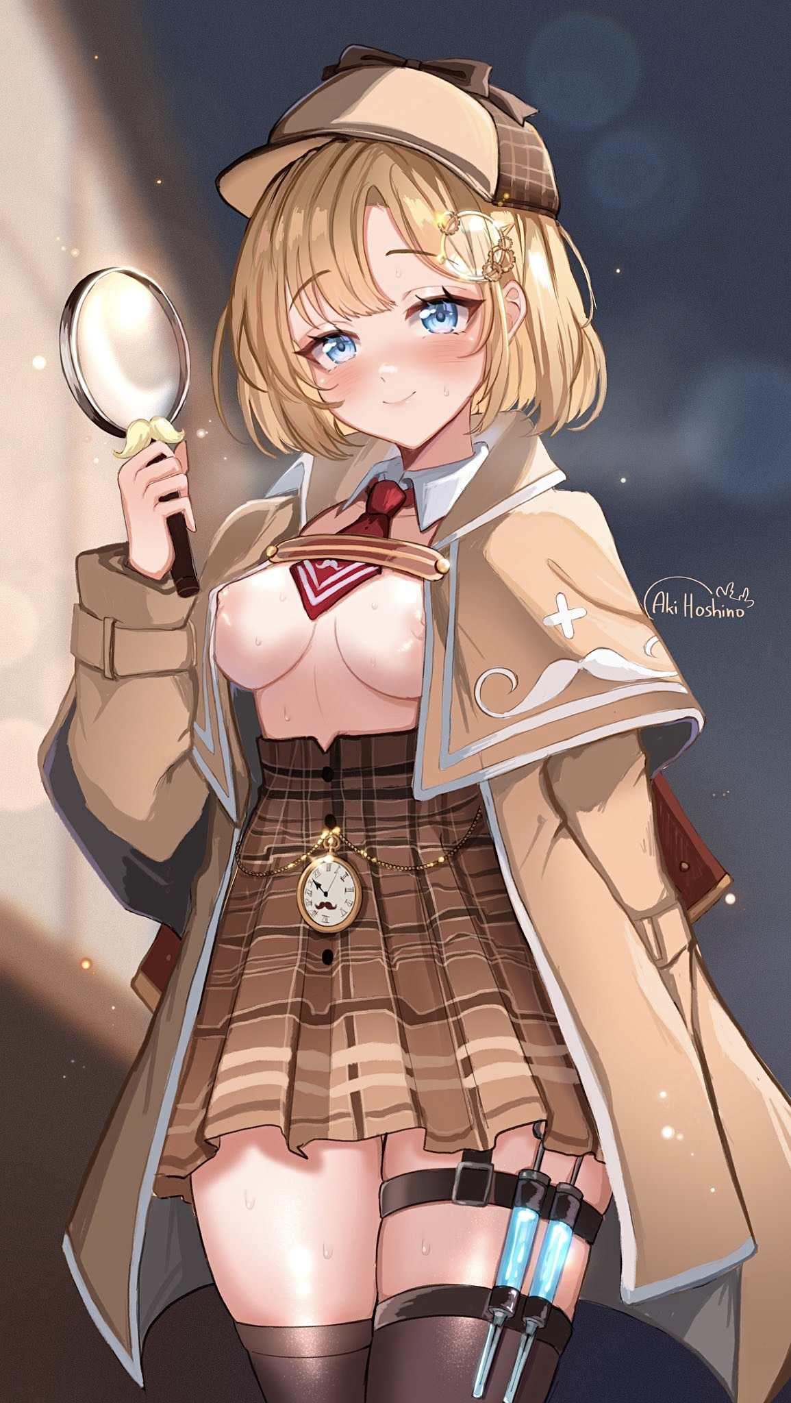 aki hoshino, black thighhighs, blonde hair, blue eyes, blurry, blurry background, blush, bob cut, breasts, brown coat, brown hat, brown skirt, closed mouth, coat, commentary, deerstalker, detached collar, english commentary, female, female only, hair ornament, hand in pocket, hand up, hat, high-waist skirt, highres, holding, holding magnifying glass, hololive, hololive english, hololive myth, looking at viewer, magnifying glass, medium breasts, miniskirt, necktie, nipples, no bra, no shirt, open clothes, open coat, plaid clothes, plaid skirt, pleated skirt, pocket watch, red necktie, short hair, short necktie, skirt, smile, solo, standing, syringe holster, thigh strap, thighhighs, virtual youtuber, watch, watson amelia, watson amelia (1st costume)