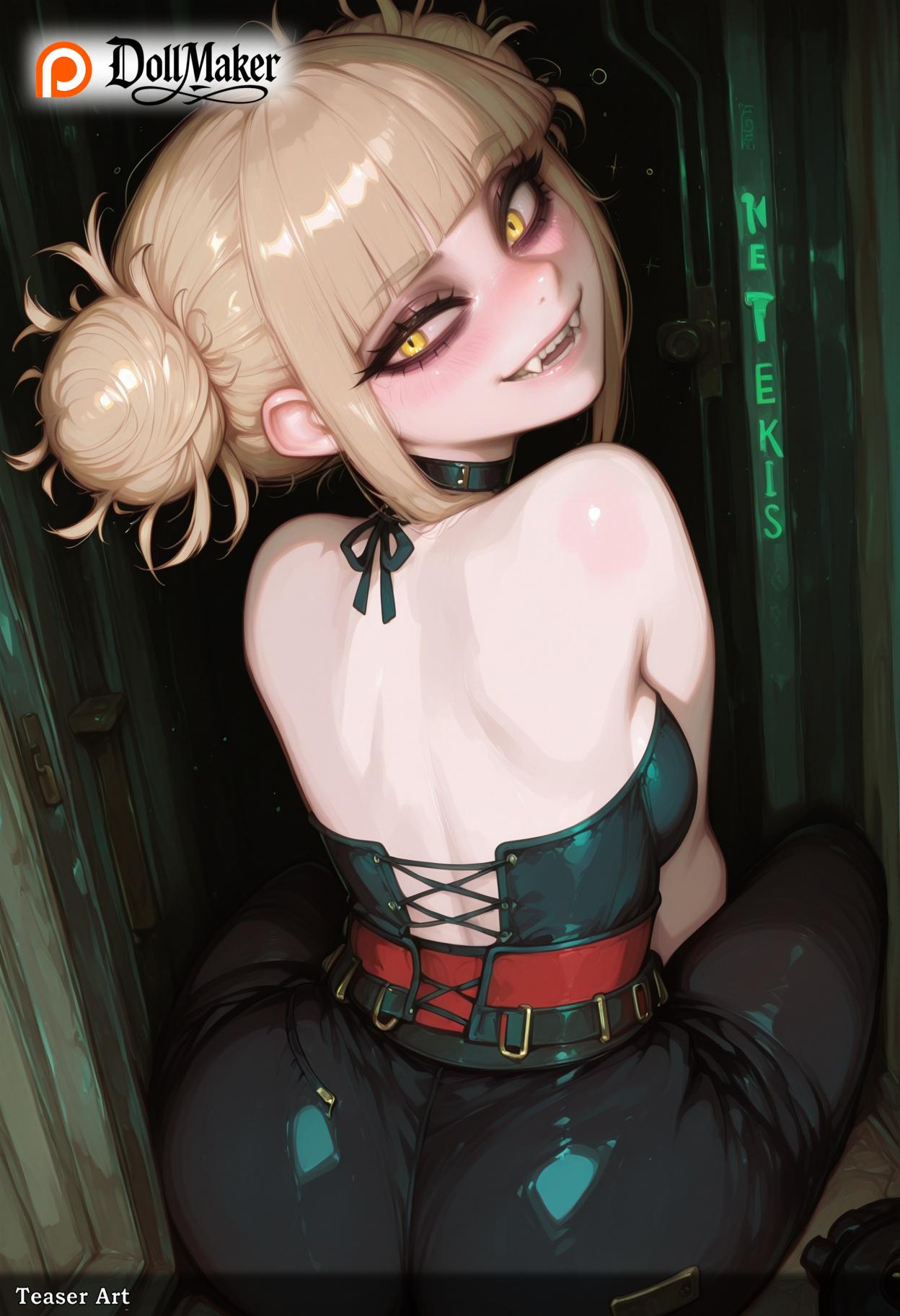 ai_generated ass back bangs bare_shoulders belt black_pants blonde_hair blunt_bangs blush breasts choker dollmaker dollmaker_(artist) double_bun fangs female from_behind looking_at_viewer looking_back medium_breasts messy_hair pants patreon_username shoulder_blades sitting smile solo tagme teeth toga_himiko watermark web_address yellow_eyes