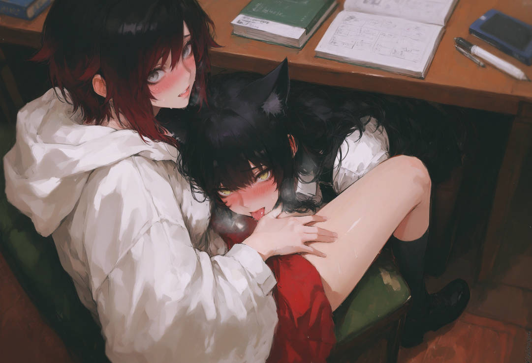 ai generated, blake belladonna, blush, cat ears, caught in the act, female, female only, kizirugai, ruby rose, rwby, short hair, under the table, yuri