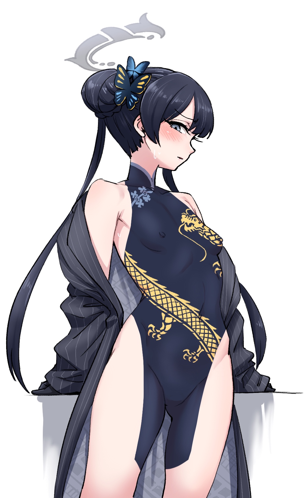 1girls, areolae, ass, ass visible through thighs, black hair, blue archive, blue eyes, blush, blushing female, body paint, bodypaint, breasts, butterfly hair ornament, cheongsam, china dress, chinese clothes, chinese dress, embarrassed, false clothes, female, female only, kisaki (blue archive), long hair, looking at viewer, moe568882, navel, nipples, nude, nude female, painted clothes, pussy, shy, small ass, small breasts, standing, sweat, sweatdrop