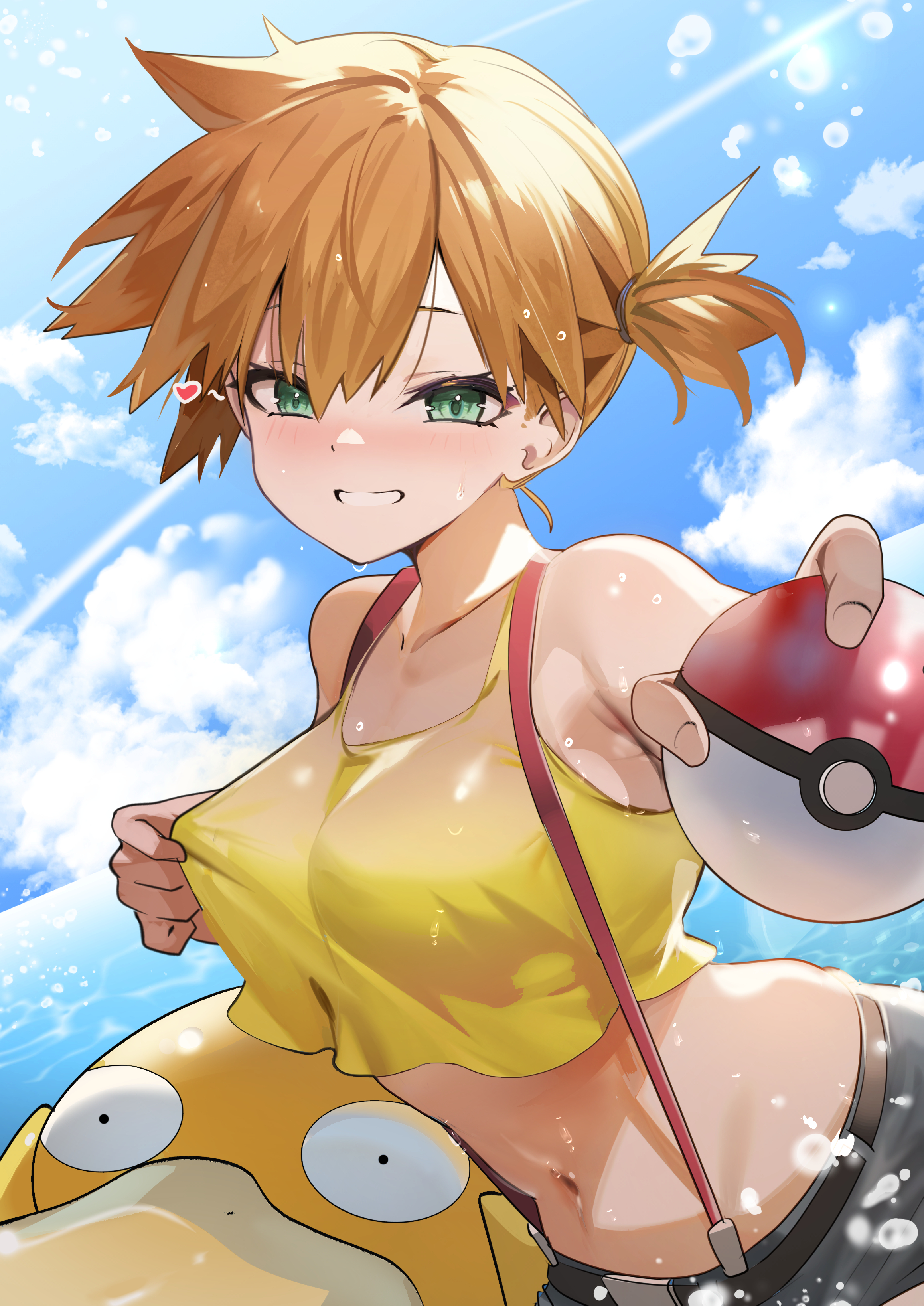 absurdres, bare shoulders, blue eyes, blue sky, blush, breasts, commentary, crop top, day, female, female only, grey shorts, grin, highres, human, human female, kasumi (pokemon), large breasts, light skin, light-skinned female, looking at viewer, medium hair, midriff, navel, orange hair, outdoors, outstretched arm, poke ball, poke ball (basic), pokemon, pokemon (anime), pokemon (classic anime), pokemon (creature), psyduck, redrawn, short shorts, shorts, side ponytail, sky, smile, solo, solo female, suspender shorts, suspenders, tank top, teddypocky, wet, wet clothes, yellow tank top