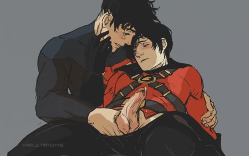 2boys, batman (series), black hair, conner kent, dc, dc comics, gay, gloves, hamletmachine, handjob, human, kon-el, male, male only, multiple males, penis, red robin, superboy, superboy (conner kent), superman (series), tim drake, yaoi