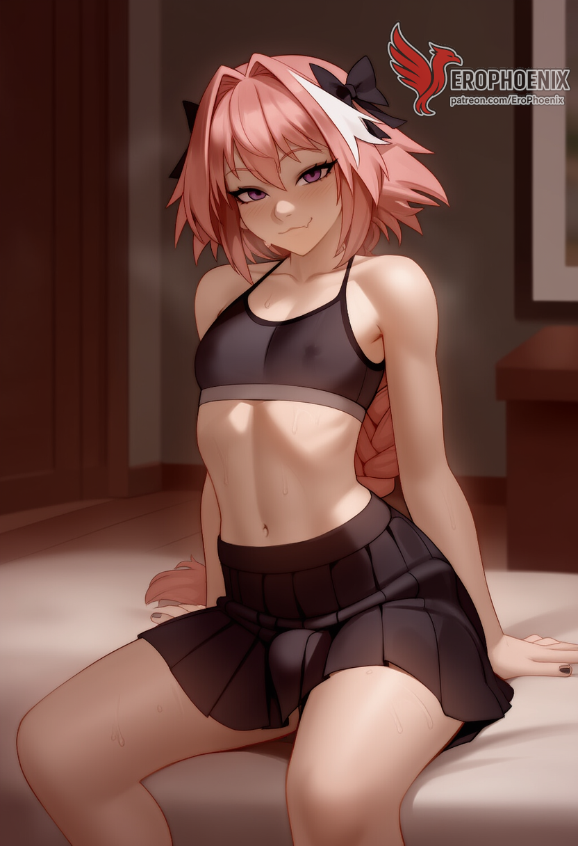1boy 2d ai_generated ass bangs bare_shoulders barefeet big_ass black_bow bow braid bulge crossdressing crossdressing_male erection erection_under_clothes erophoenix feet full_body long_hair looking_at_viewer looking_back male male_focus multicolored_hair navel nude oerba_yun_fang otoko_no_ko pale_skinned_male patreon_username penis pink_hair purple_eyes single_braid smile soles solo solo_male spread_legs streaked_hair sweat thick thick_thighs toes uncensored underwear