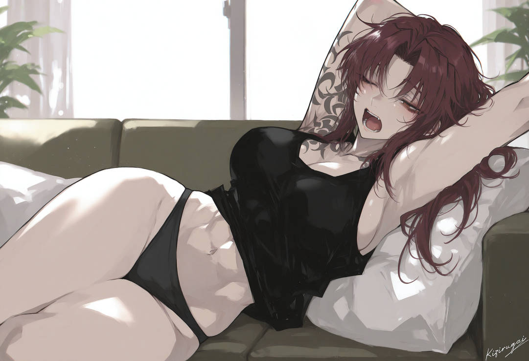 ai generated, big breasts, black lagoon, breasts, female, kizirugai, revy, tattoo, toned female, yawn