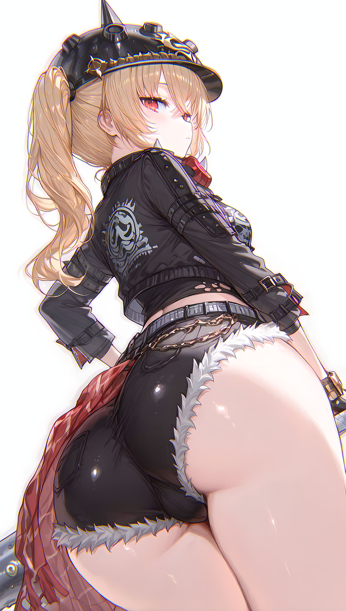 1girls, ai generated, ass, blonde hair, breasts, denim shorts, female, fur trim, luciana de montefio, lucy (zenless zone zero), petite, small breasts, zenless zone zero