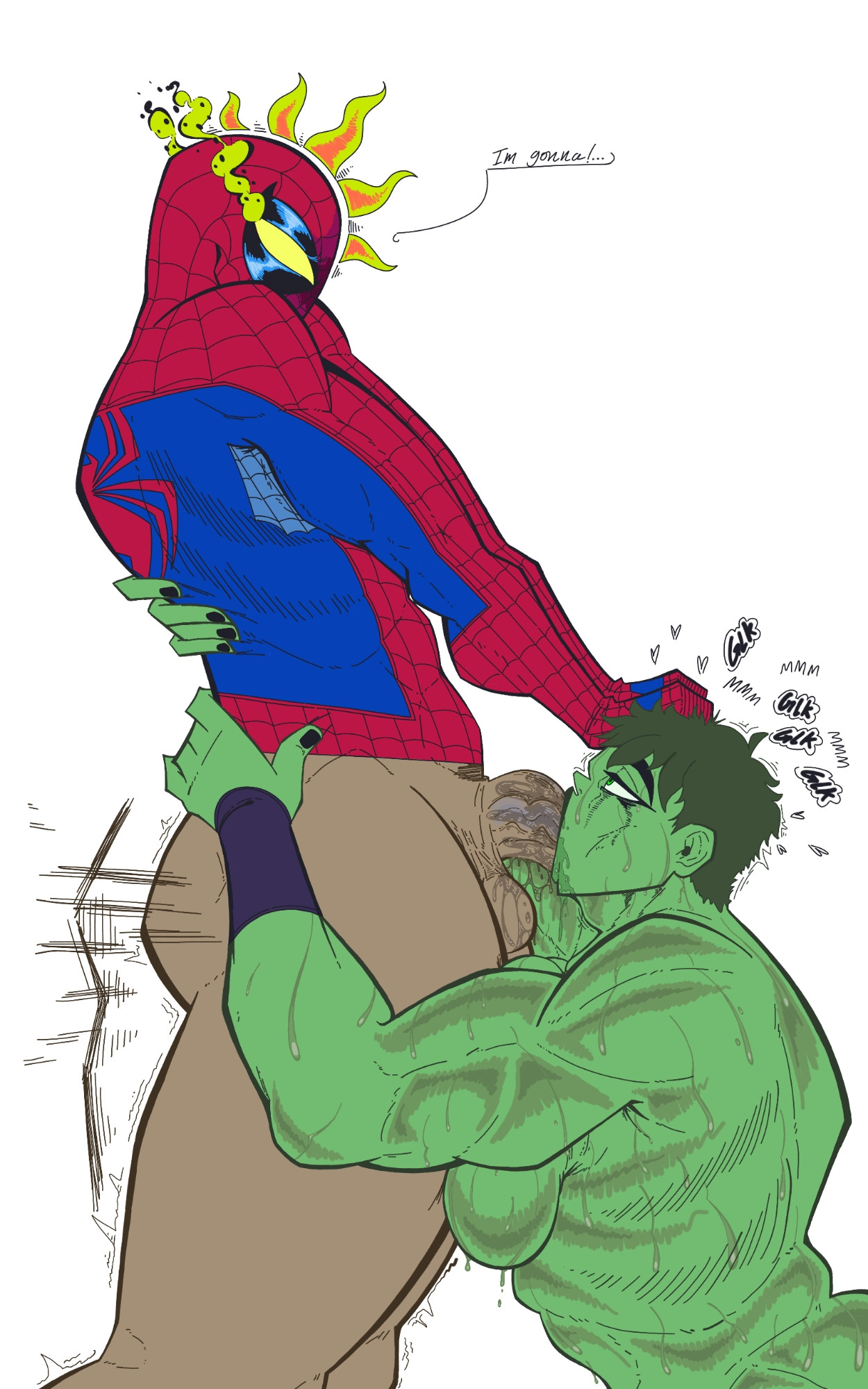 albino-racc, black hair, bottomless, bottomless male, breast press, breasts, deepthroat hug, fellatio, female, green eyes, green skin, jennifer walters, light skin, light-skinned male, male, male/female, marvel, marvel comics, muscles, muscular, muscular female, naked, naked female, nude, nude female, oral, oral penetration, oral sex, peter parker, she-hulk, short hair, simple background, spider-man, spider-man (series), straight, white background