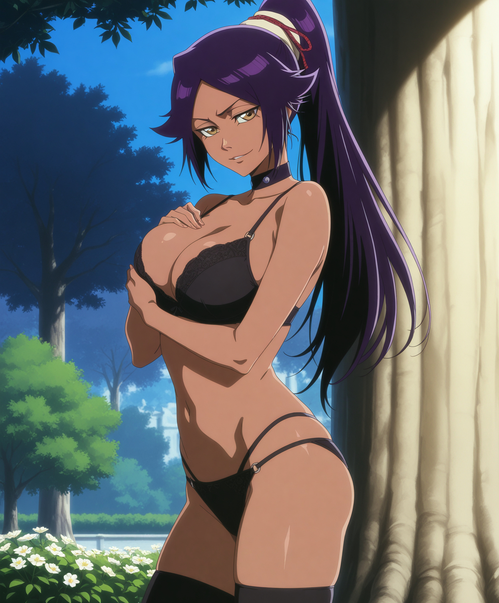 1girls, ai generated, black bra, black panties, black underwear, bleach, bluu ai, dark skin, dark-skinned female, female, shihouin yoruichi, solo, underwear