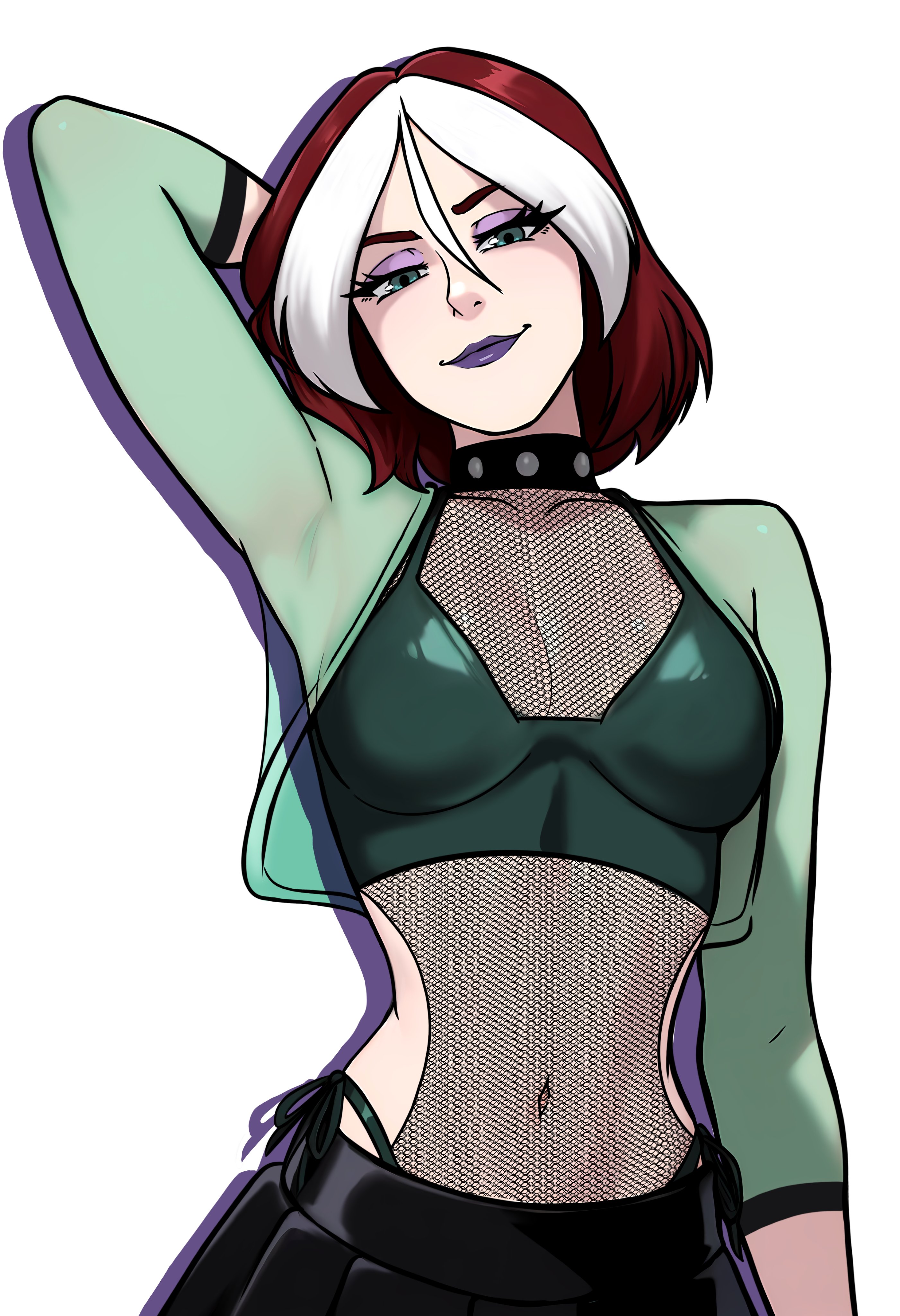 2d, 2d (artwork), ai generated, breasts, brown hair, brown-haired female, female, female focus, female only, fishnets, goth, goth girl, green eyes, green-eyed female, light skin, light-skinned female, looking at viewer, makeup, marvel, marvel comics, multicolored hair, pale skin, pale-skinned female, redpostit, rogue (evolution), rogue (x-men), smile, smiling, smiling at viewer, streetwear, white hair, white-haired female, x-men, x-men evolution