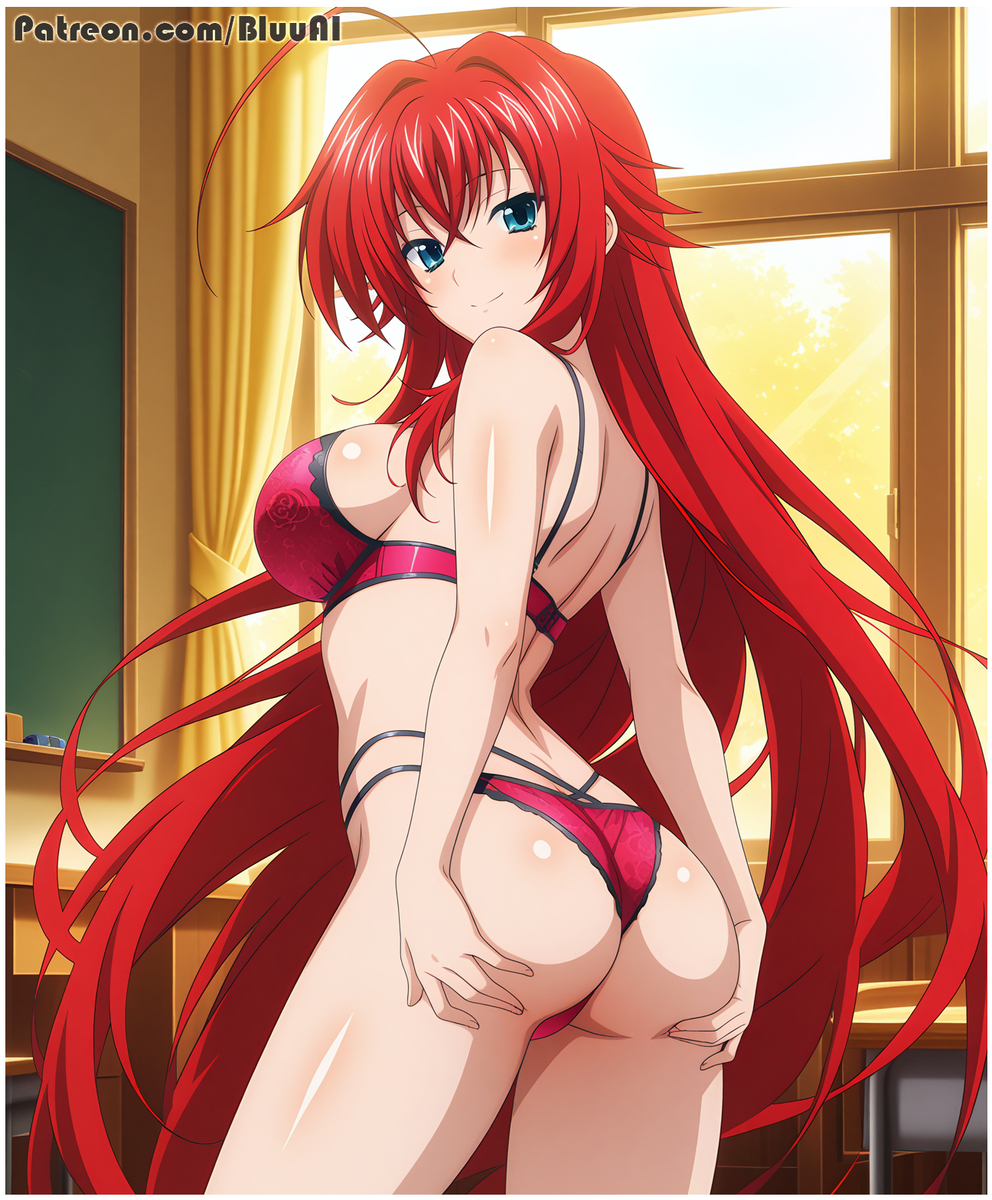 1girls, ai generated, ass, ass focus, big breasts, bluu ai, breasts, female, female only, grabbing own ass, high school dxd, light skin, light-skinned female, pink bra, pink panties, pink underwear, rias gremory, solo, underwear