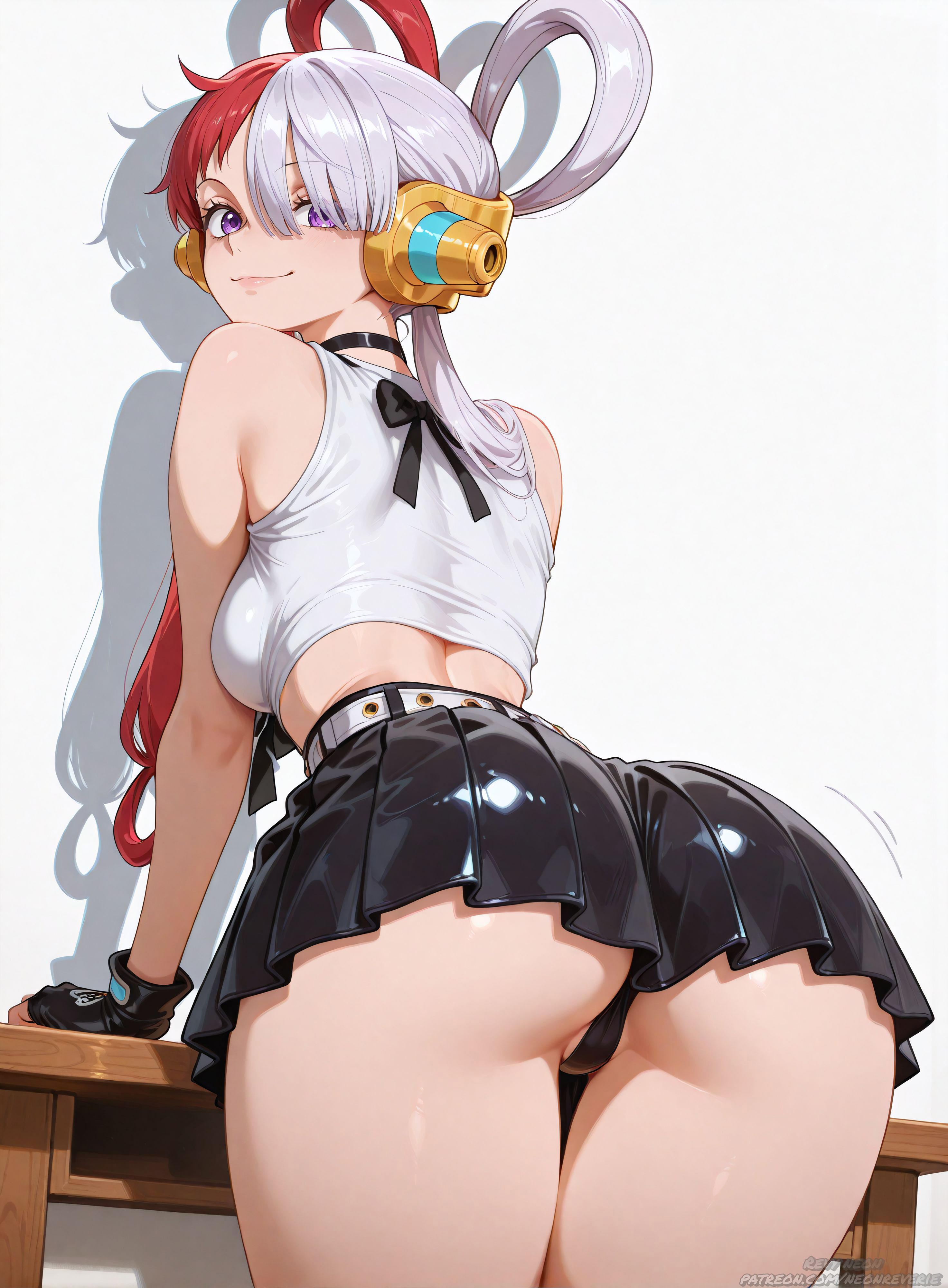 1girls, ai generated, ass, female, female focus, female only, high quality, highres, large ass, light skin, looking at viewer, looking back, one piece, patreon username, purple eyes, red hair, red-haired female, revy neon, reward available, short skirt, two-tone hair, uta (one piece), white background, white hair, white-haired female