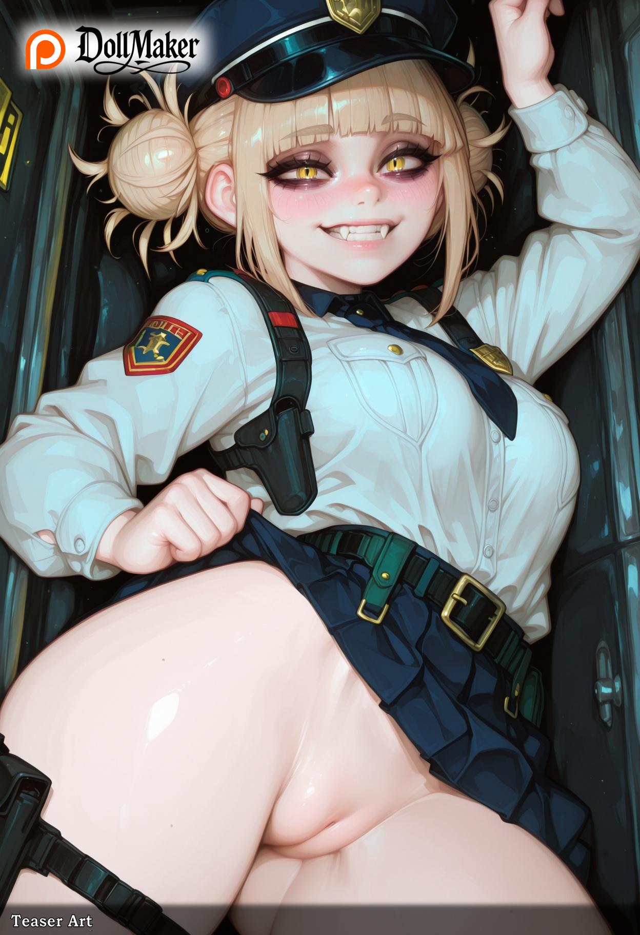 ai_generated bangs belt belt_buckle belt_pouch blonde_hair blue_skirt blunt_bangs breasts clothes_lift dollmaker dollmaker_(artist) double_bun female hat himiko_toga long_sleeves looking_at_viewer no_panties patreon_username pleated_skirt police police_uniform pouch pussy skirt smile solo tagme teeth toga_himiko yellow_eyes