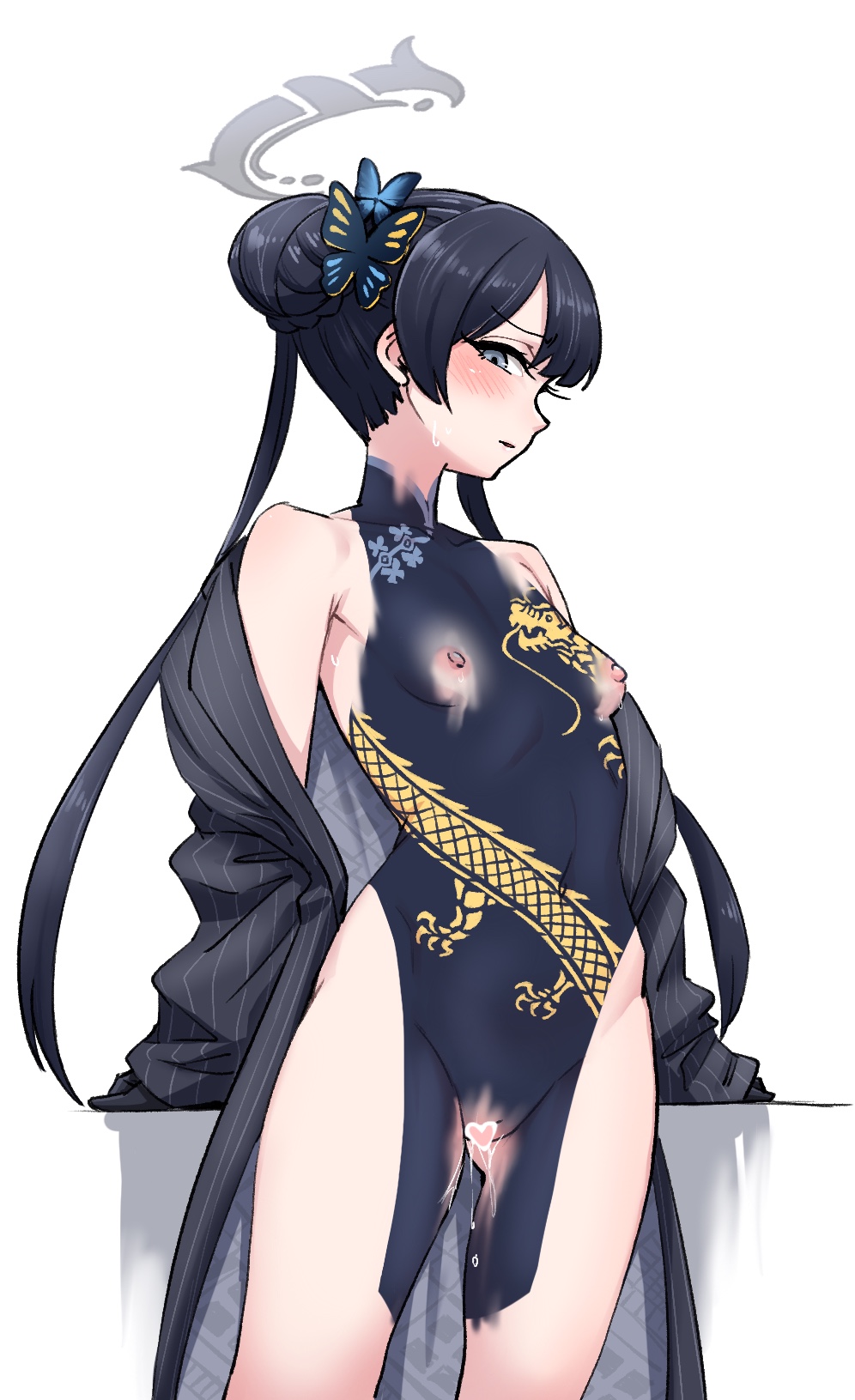 1girls, areolae, ass, ass visible through thighs, black hair, blue archive, blue eyes, blush, blushing female, body paint, bodypaint, breasts, butterfly hair ornament, cheongsam, china dress, chinese clothes, chinese dress, embarrassed, false clothes, female, female only, kisaki (blue archive), long hair, looking at viewer, moe568882, navel, nipples, nude, nude female, painted clothes, pussy, pussy juice, shy, small ass, small breasts, standing, sweat, sweatdrop