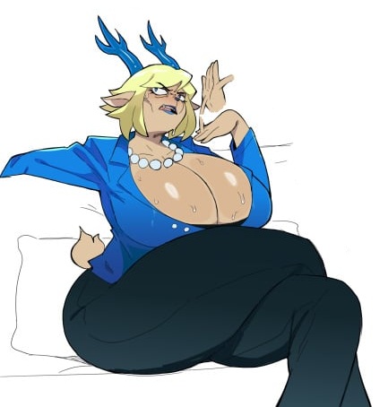 1girls, antlers, ass, big ass, big breasts, blonde hair, blue antlers, blue eyes, blue lipstick, breasts, carol holiday, clothed female, clothing, cropped, cropped image, deer, deer ears, deer girl, deltarune, deltarune chapter 4, female, female only, glitchlord8391, hag, huge ass, huge breasts, low res, lowres, massive breasts, pearl necklace, sfw, solo, sweat, sweating, sweaty, sweaty breasts, thick thighs, undertale (series)