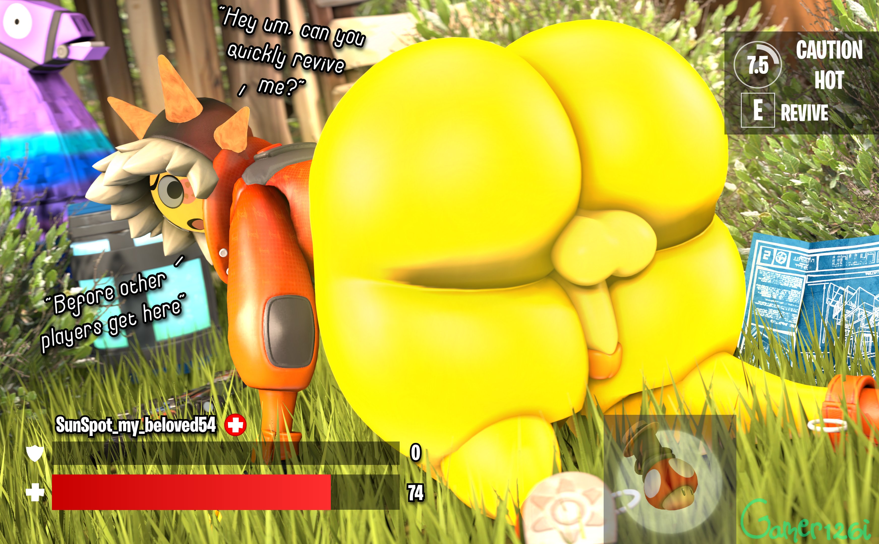 1boy, 3d, ass, ass focus, backsack, balls, big ass, big butt, black eyes, bottom heavy, bottomless, butt, fat ass, fat butt, fortnite, gamer126i, huge ass, huge butt, looking at viewer, looking back, looking back at viewer, male, male only, non-human, non-human only, penis, sfm, solo, source filmmaker, sunspot (fortnite), talking to viewer, text, thick ass, thick butt, thick thighs, toony, yellow skin