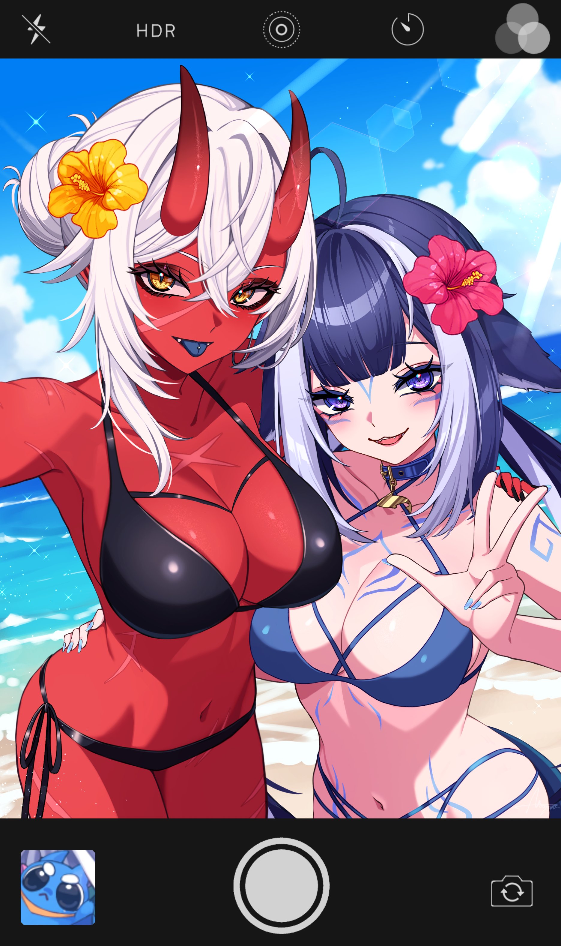 :d, :p, 2girls, ahoge, akumi, armpits, bangs, bare shoulders, beach, bikini, black bikini, black nails, blue bikini, blue eyes, blue nails, blue sky, blush, breasts, choker, cleavage, cloud, collarbone, cowboy shot, criss-cross halter, day, eyebrows visible through hair, fangs, female, fingernails, flower, hair between eyes, hair flower, hair ornament, halter top, halterneck, hand on hip, hibiscus, horns, jewelry, large breasts, long fingernails, long hair, looking at viewer, multiple females, multiple girls, nail polish, navel, o-ring, ocean, oerba yun fang, oni, oni horns, open mouth, outdoors, phone screen, pointy ears, red bikini, red skin, self shot, sharp fingernails, short hair, shylily, side-tie bikini, sky, slit pupils, smile, swimsuit, tongue, tongue out, v, virtual youtuber, vyugen, white hair, yellow eyes