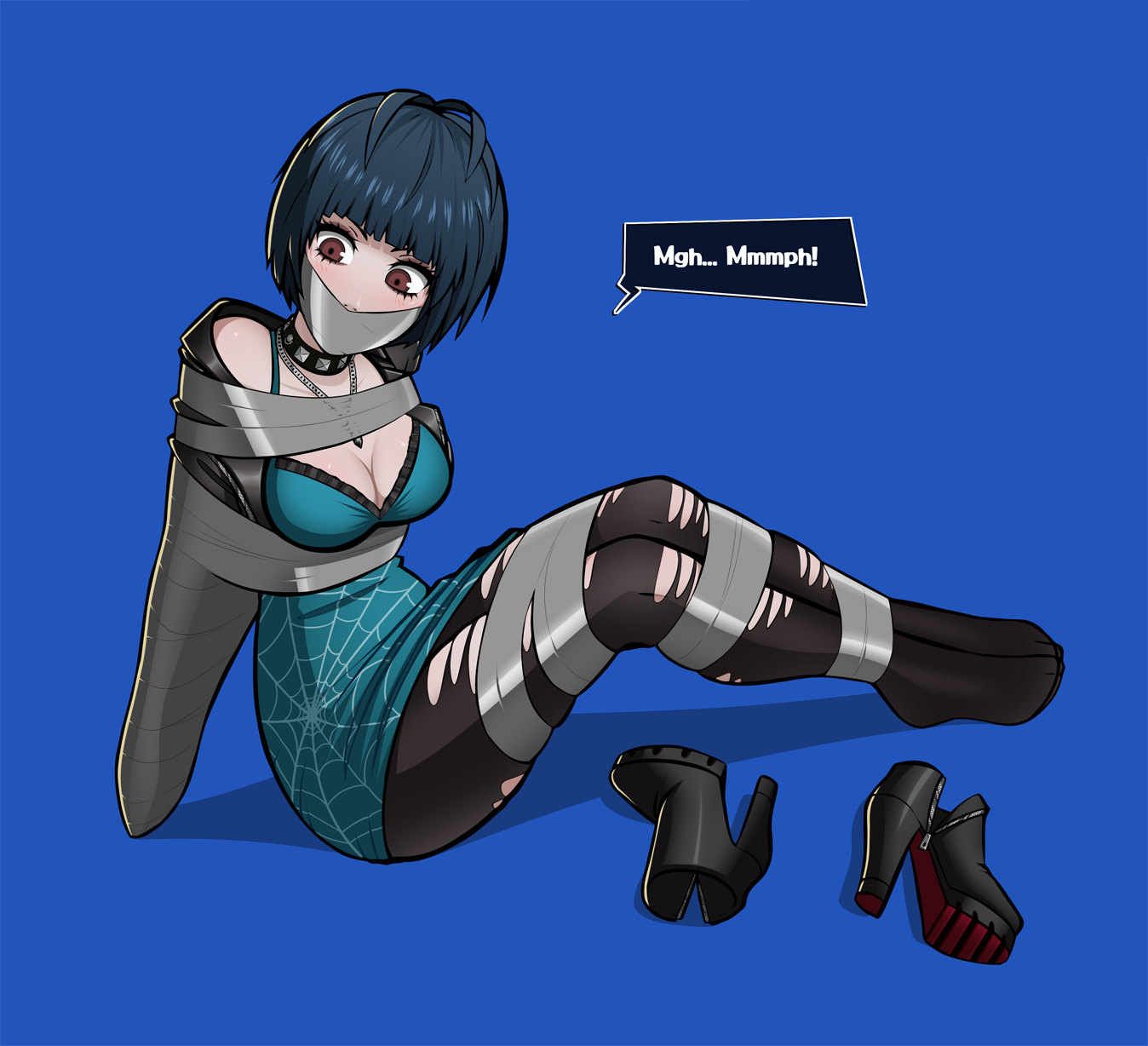 1girls, arms behind back, bondage, bound, bound ankles, bound arms, bound hands, bound legs, bound wrists, brown eyes, choker, cleavage, dark blue hair, dress, female, female only, femsub, gag, gagged, gagged female, gagged speech, goth, goth girl, high heels, leather jacket, pantyhose, persona, persona 5, png, ripped pantyhose, shoes off, short hair, tae takemi, tape, tape bondage, tape gag, taped hands, wossarem