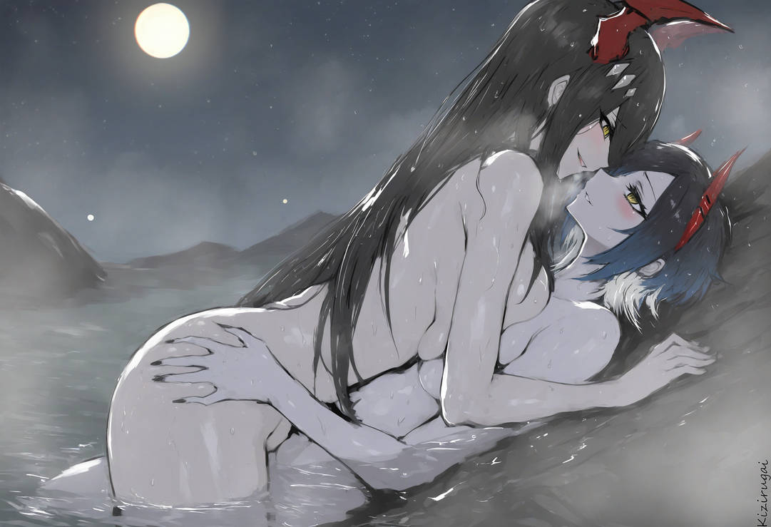 2girls, ai generated, azur lane, blush, breasts, breasts pressed against partner, female, friedrich der grosse (azur lane), grabbing ass, horns, kizirugai, ulrich von hutten (azur lane), yuri