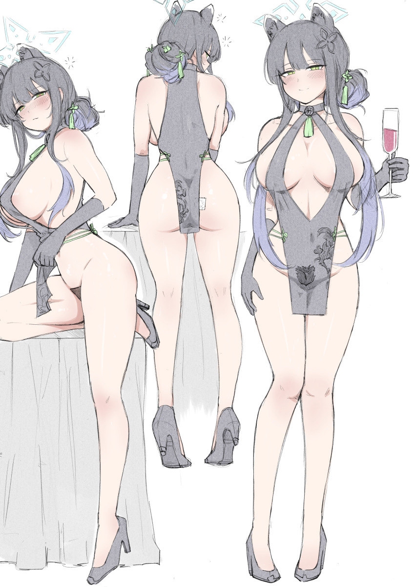 black hair, blue archive, breasts, female, sexy, short dress, shun (blue archive)