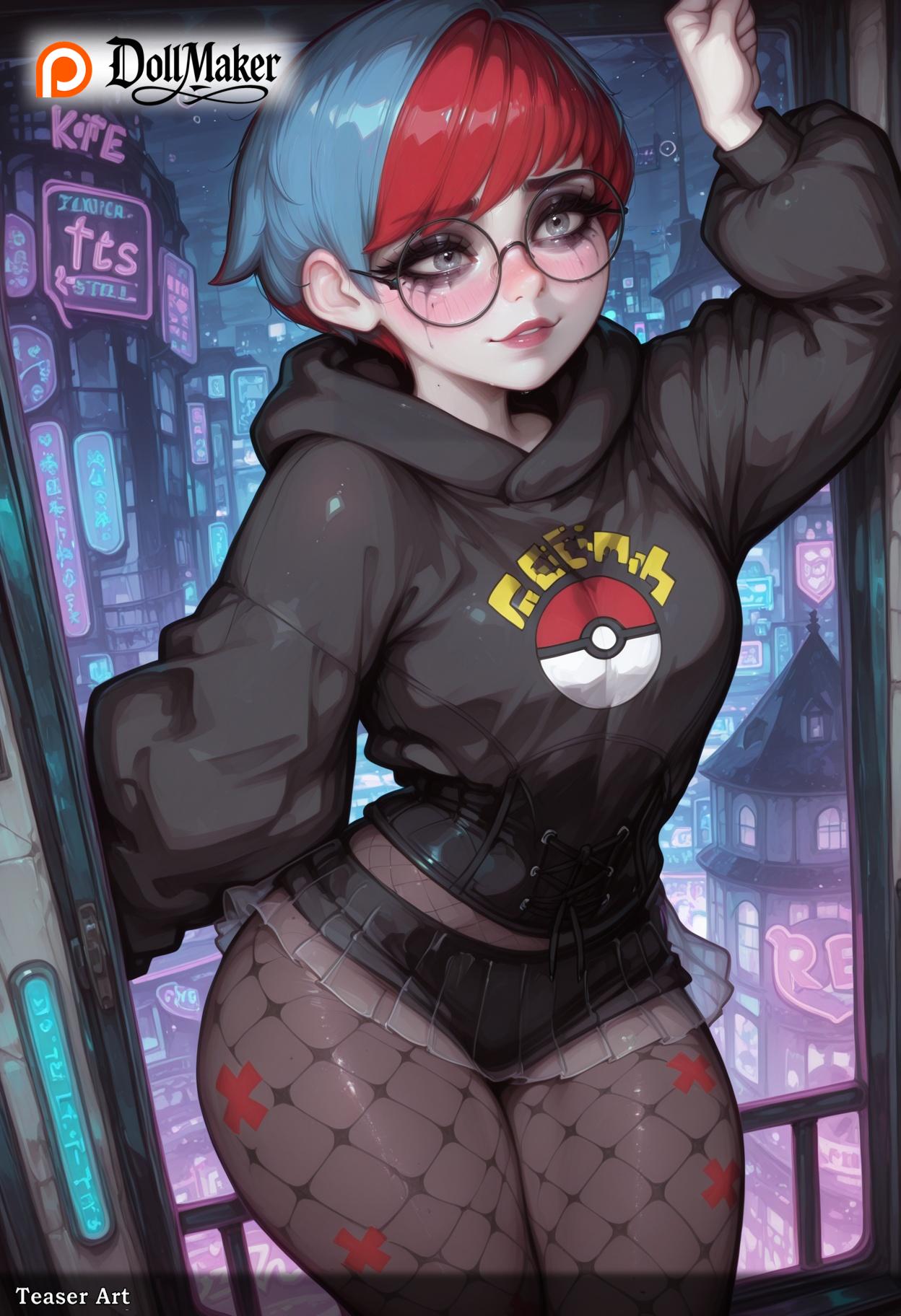ai_generated blush bookshelf brand_name_imitation building cameo cellphone cellphone_picture city computer controller dollmaker dollmaker_(artist) female fishnet_legwear fishnets freckles game_console game_controller glasses health_bar hood hood_down hoodie keyboard_(computer) laptop monitor mouse_(computer) multicolored_hair neon_lights night nintendo nintendo_switch pantyhose patreon_logo patreon_username penny_(pokemon) phone pokemon pokemon_sv recording red_hair short_hair sign smartphone solo tablet_pc tagme television thick_thighs thighs traffic_light vending_machine video_game youtube