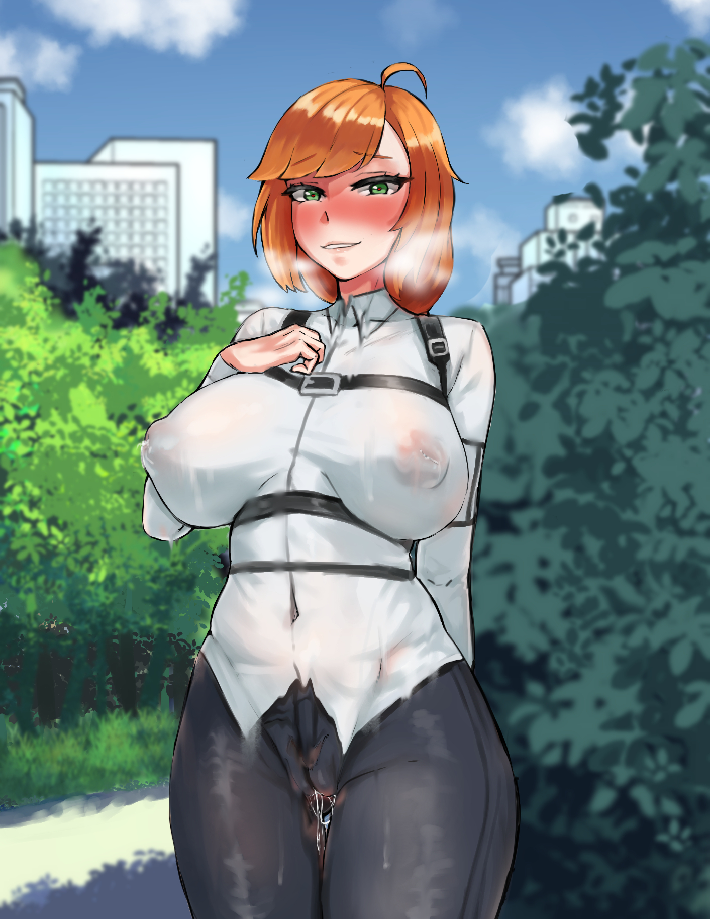 1girls, areolae, ass, ass visible through thighs, benevolent leanne, big ass, big breasts, blush, blushing, blushing female, body paint, bodypaint, breasts, breathing, breathing heavily, brown hair, completely nude, false clothes, female, female only, green eyes, horny, horny female, last origin, narcur, navel, nipples, nude, nude female, painted clothes, pubic hair, public, public exposure, public nudity, pussy, pussy juice, thick thighs, thighs
