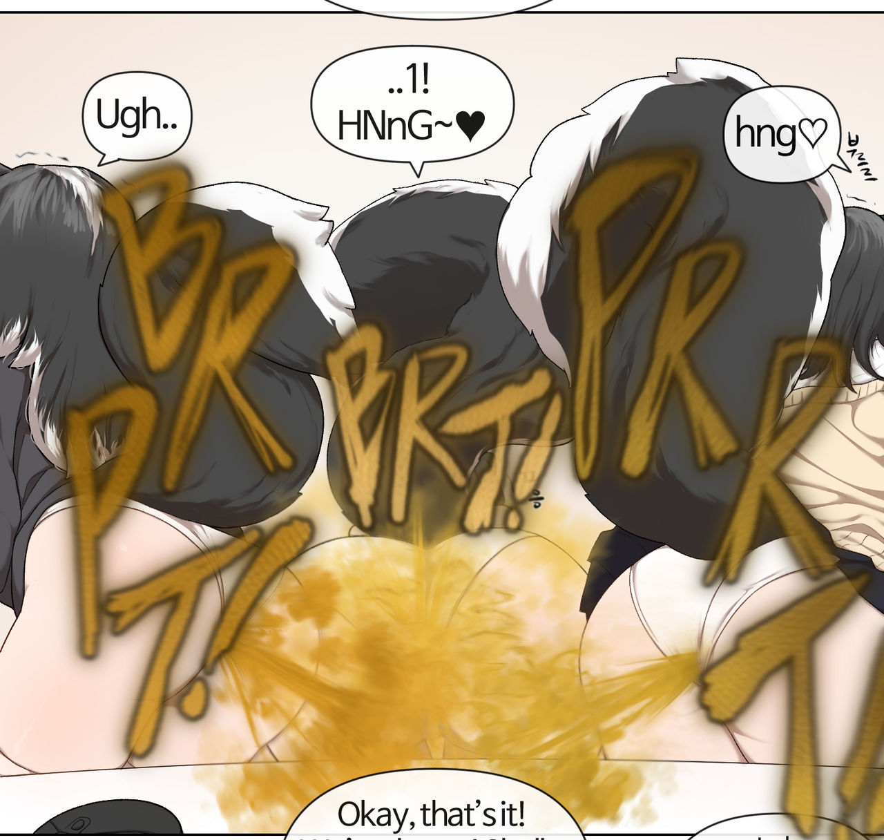 3girls, ass, big ass, fart, fart bukkake, fart cloud, fart fetish, farting, farting together, fat ass, female, gasbox, looking back, multicolored hair, panties, skunk, skunk ears, skunk girl, skunk tail, thick ass, upskirt