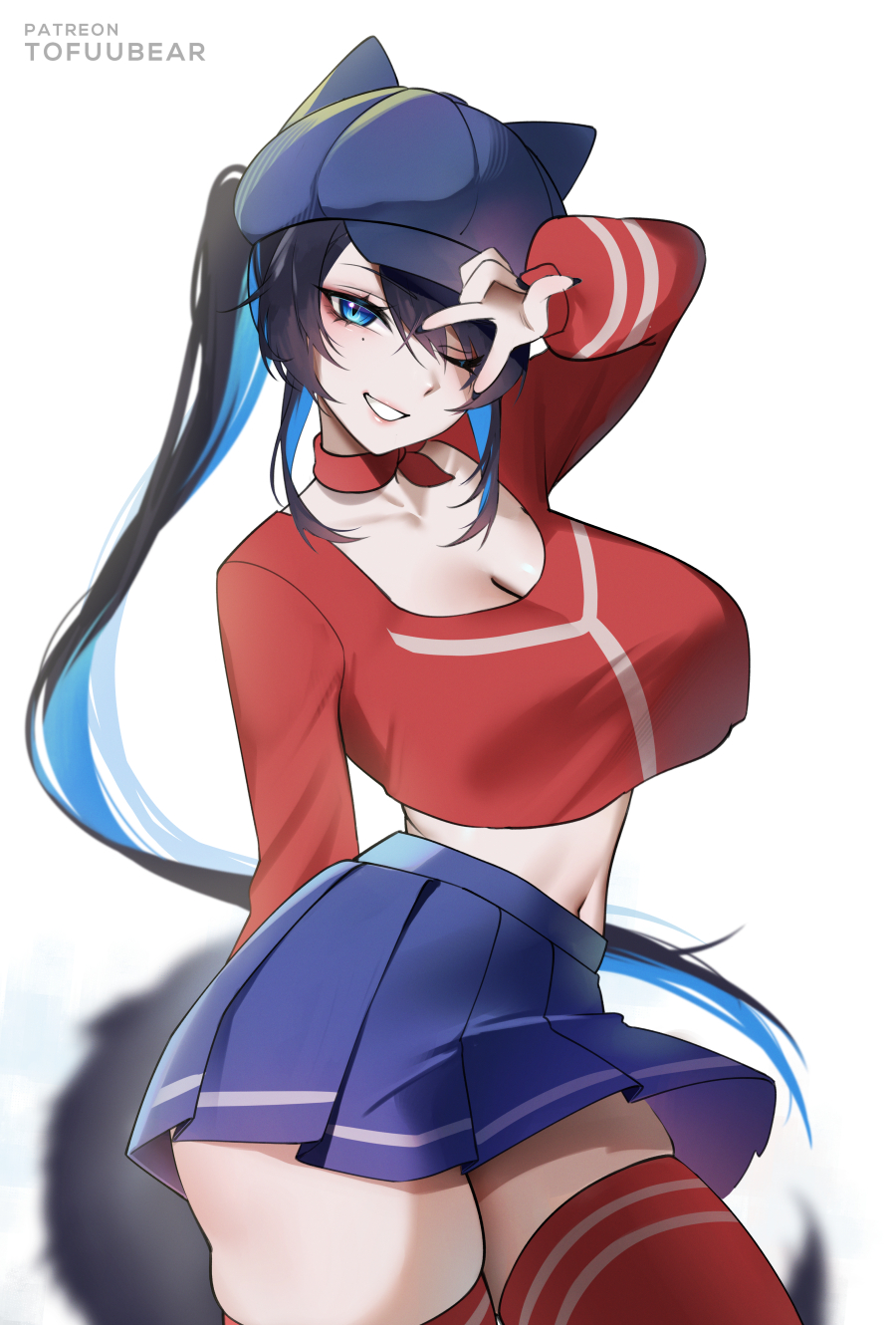 black hair, blue eyes, blue hair, blue skirt, breasts, cappie (miside), cleavage, cool mita (miside), cool mita (miside) (cosplay), cosplay, female, female only, highres, large breasts, long hair, long sleeves, looking at viewer, midriff, miside, mita (miside), multicolored hair, nail polish, navel, one eye closed, patreon username, pleated skirt, ponytail, red shirt, red thighhighs, reiko (tofuubear), shirt, skirt, smile, solo, thighhighs, thighs, tofuubear, two-tone hair, v, very long hair, white background, zettai ryouiki