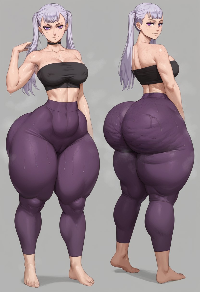 1girl, 1girls, ai generated, ass, barefoot, big ass, black clover, booty, bottom heavy, breasts, breedable, breedable hips, bubble ass, bubble butt, cameltoe, cellulite, curvaceous, curvy, curvy figure, fat ass, feet, female, female only, front and back, hips, huge ass, musk, musk clouds, noelle silva, oiled, oiled skin, pawg, pawg build, perfect ass, phat ass, purple eyes, purple leggings, sexy, sexy ass, sexy body, sexy female, silver hair, slim waist, slut, slutty female, small waist, sweat, taiga20, thicc, thicc ass, thicc thighs, thick, thick ass, thick thighs, tube top, voluptuous, voluptuous female, wet, wide ass, yoga pants