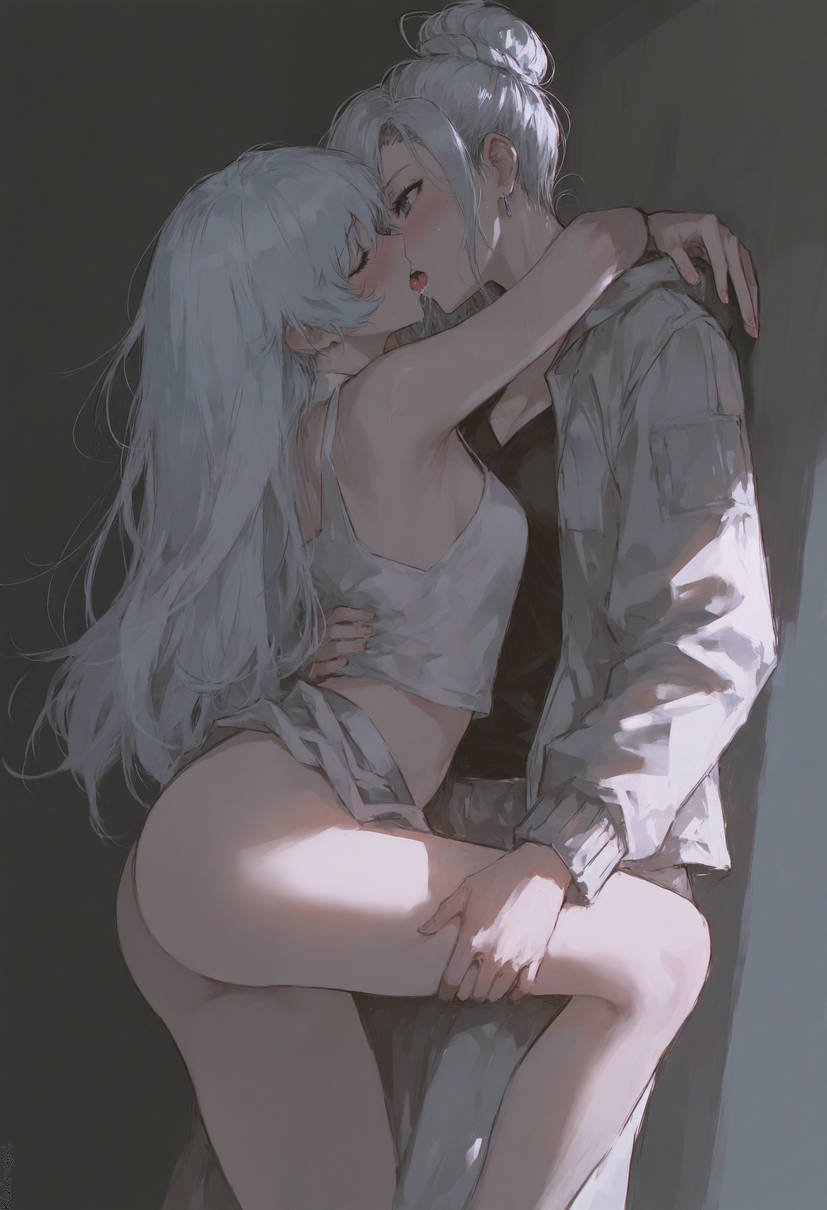 2girls ai ai-created ai_generated ass holding_leg incest kissing kizirugai rwby tongue weiss_schnee white_hair winter_schnee yuri