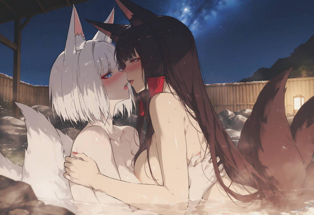 2girls, ai, ai generated, ai-created, akagi (azur lane), azur lane, bathhouse, blush, female, fox ears, fox girl, fox tail, kaga (azur lane), kitsune, kizirugai, yuri